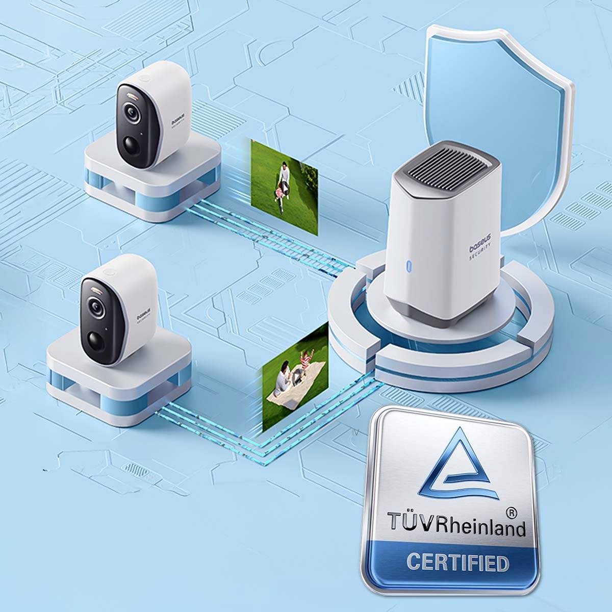 Twee bewakingscamera's en een netwerkrouter op een blauwe achtergrond, verbonden door digitale lijnen. TÜV Rheinland-certificaat zichtbaar.