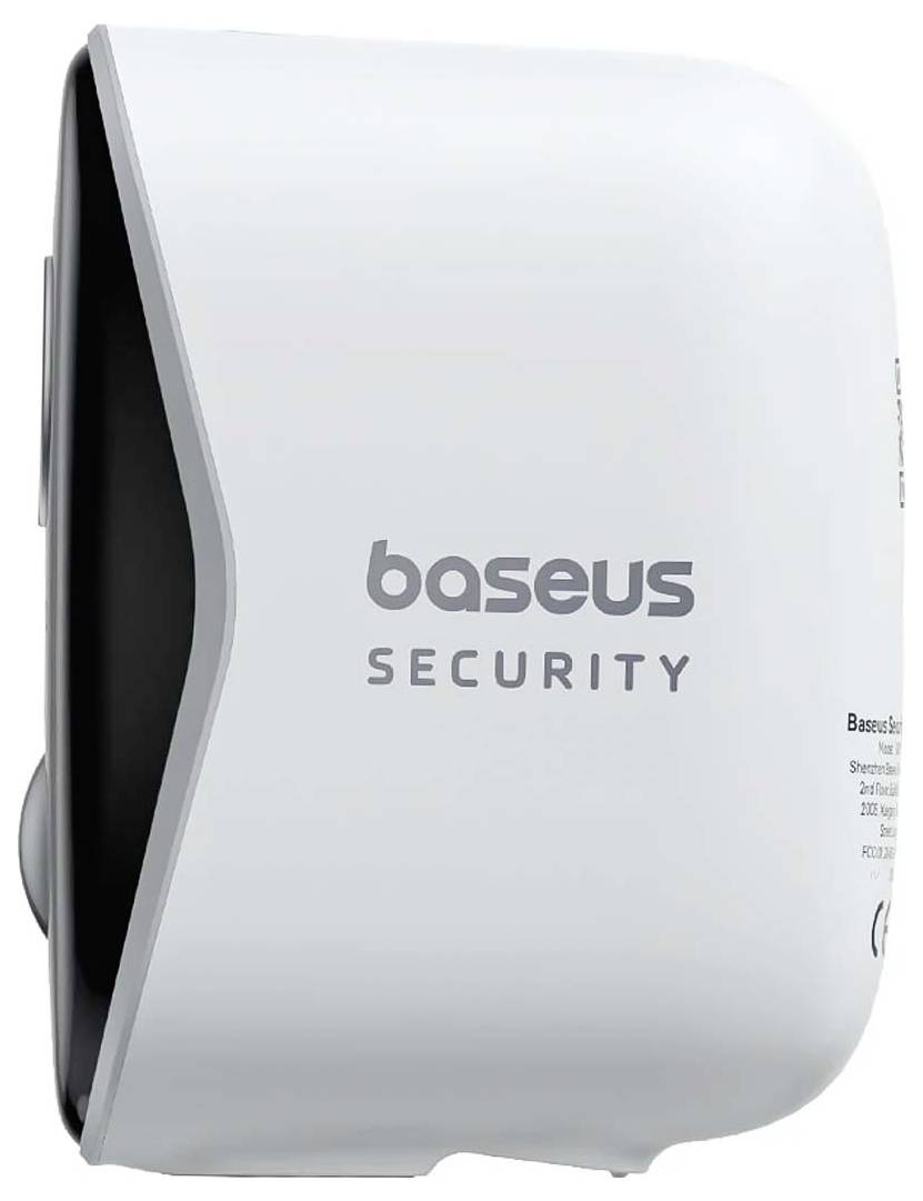 De afbeelding toont een wit apparaat van 'baseus', waarschijnlijk een beveiligingsproduct, met een opvallend, modern design en afgeronde randen.