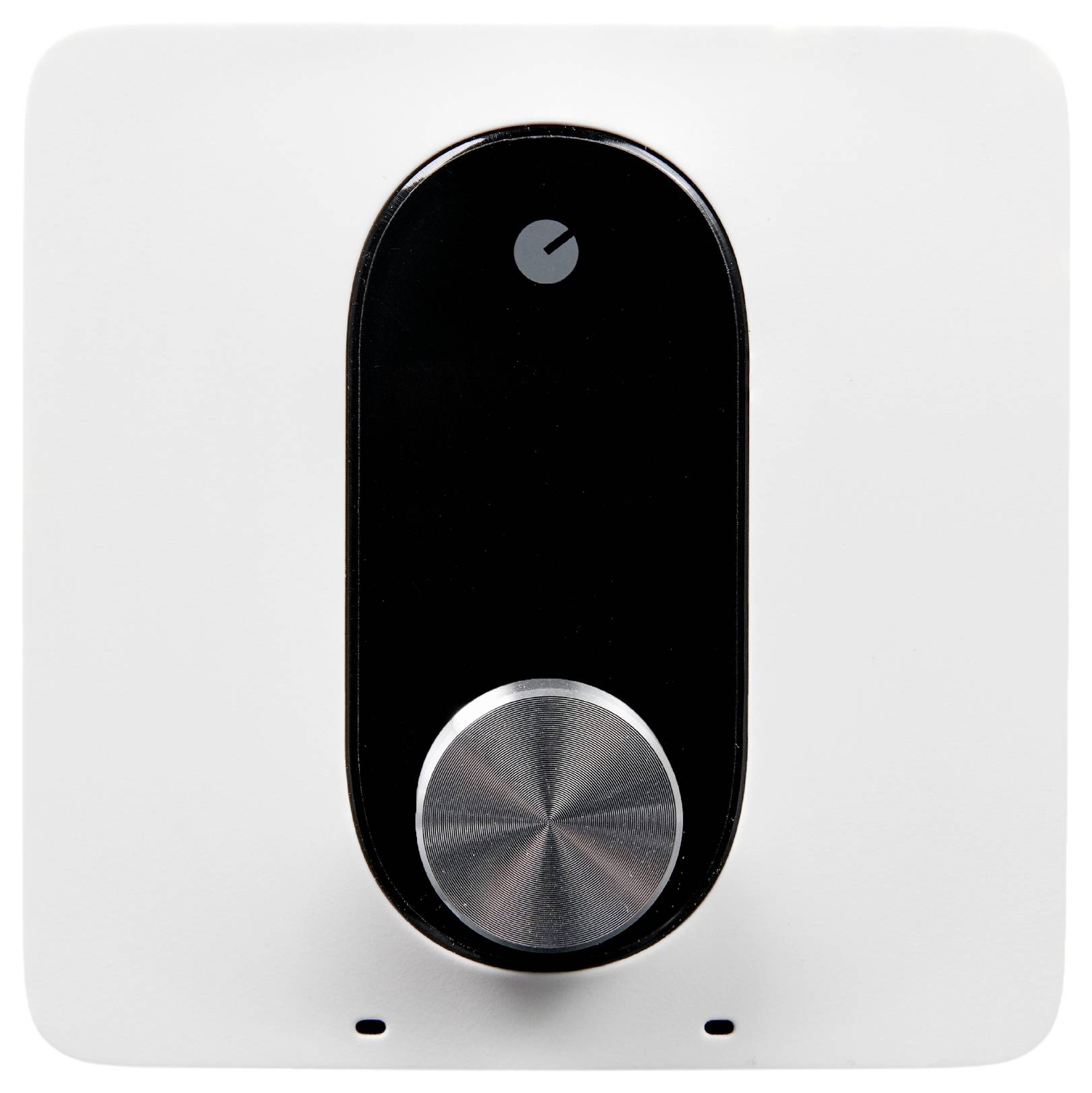 Een modern, zwart en zilver Smart Lock met een draaibare knop en minimalistisch design, op een witte ondergrond.