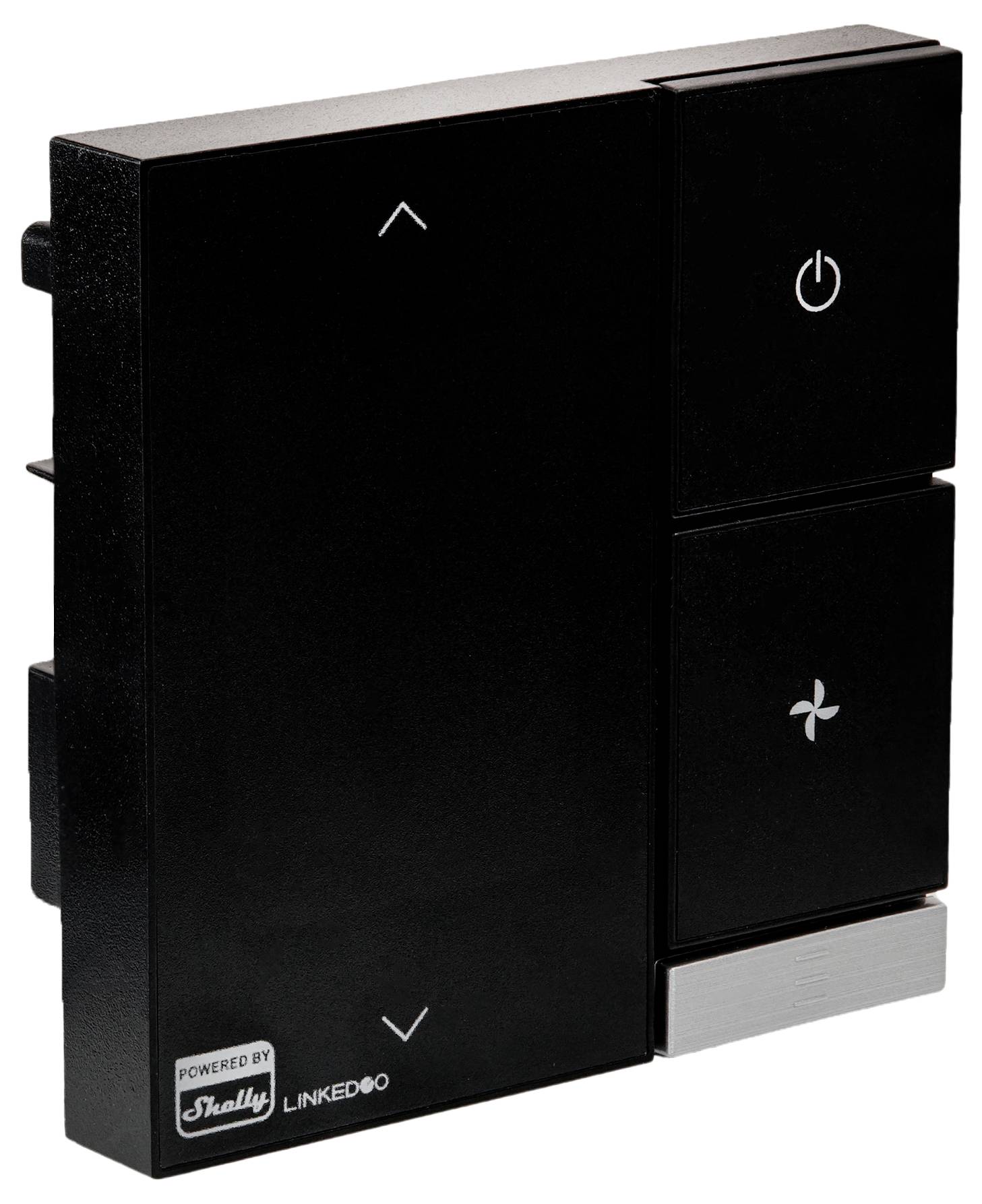 Zwarte lichtschakelaar met vier knoppen: pijl omhoog/omlaag, Power-symbool en X-symbool. Opschrift 'Powered by Shelly Linked'.