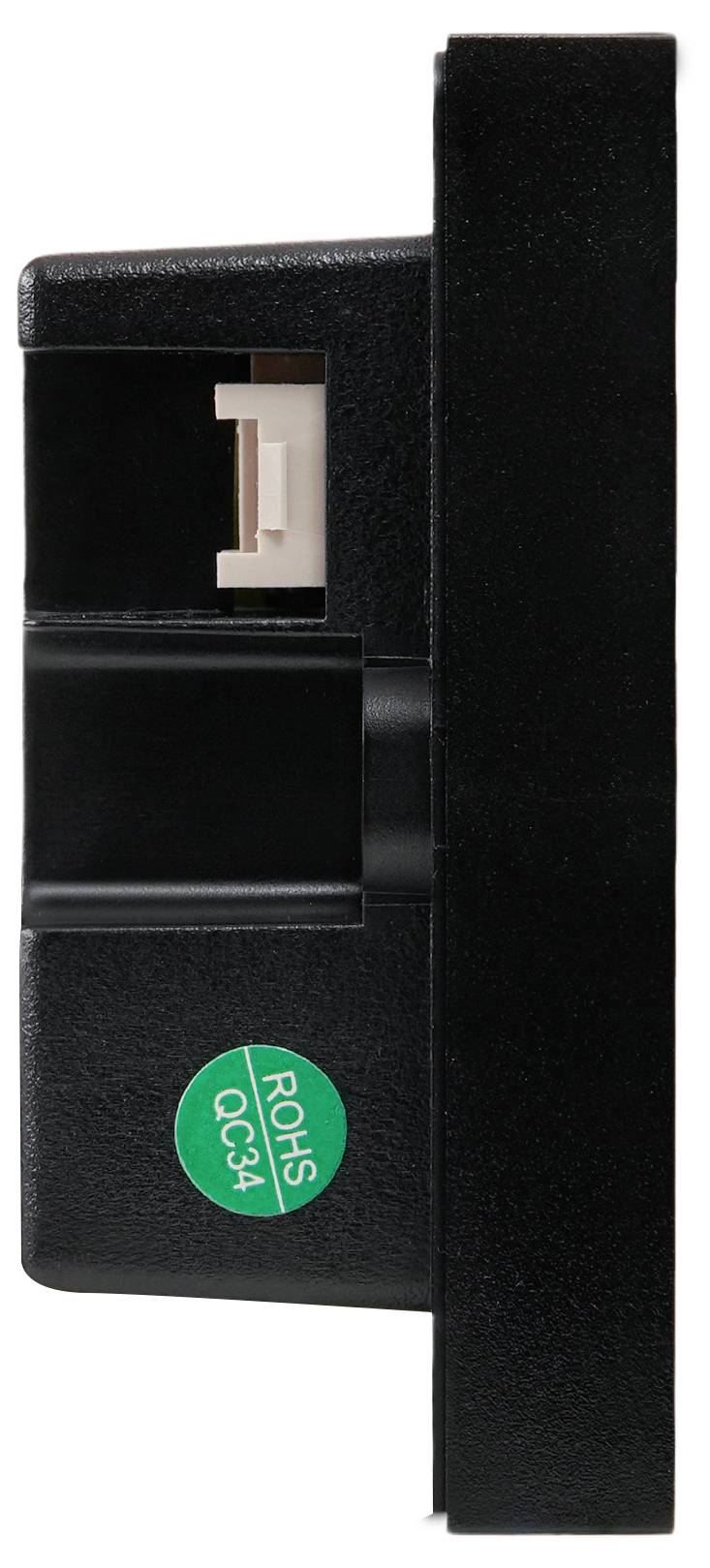 Zwart kunststof apparaat aan de zijkant, met zichtbare aansluiting en groene 'ROHS' QC34-sticker.