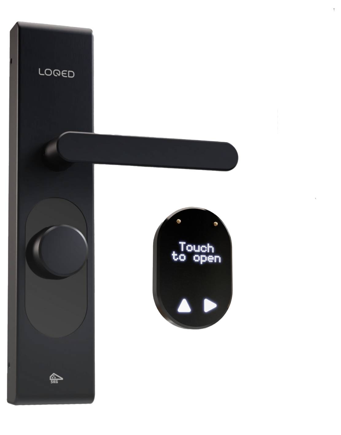 Een slimme deurslotinrichting met een zwarte, langwerpige handgreep en een digitaal display dat 'Touch to open' aangeeft.