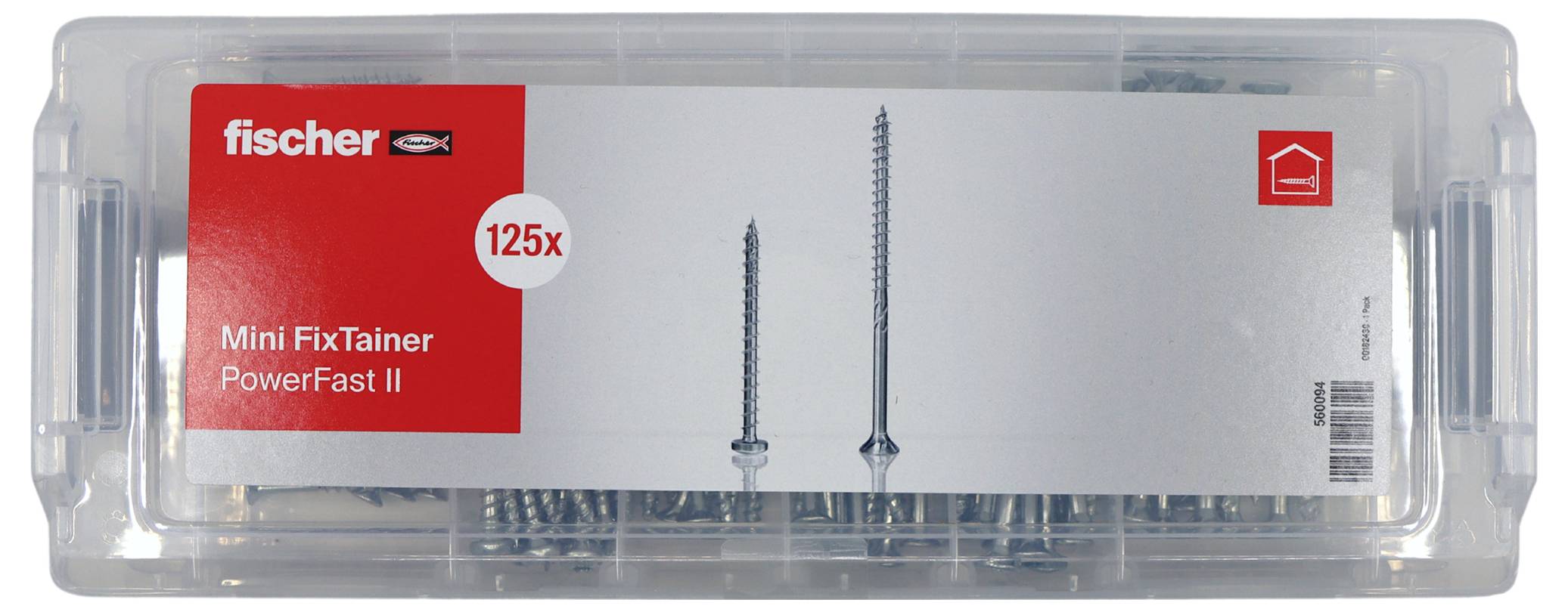 Plastic doos met 125 Fischer PowerFast II schroeven, afgebeeld op het etiket.
