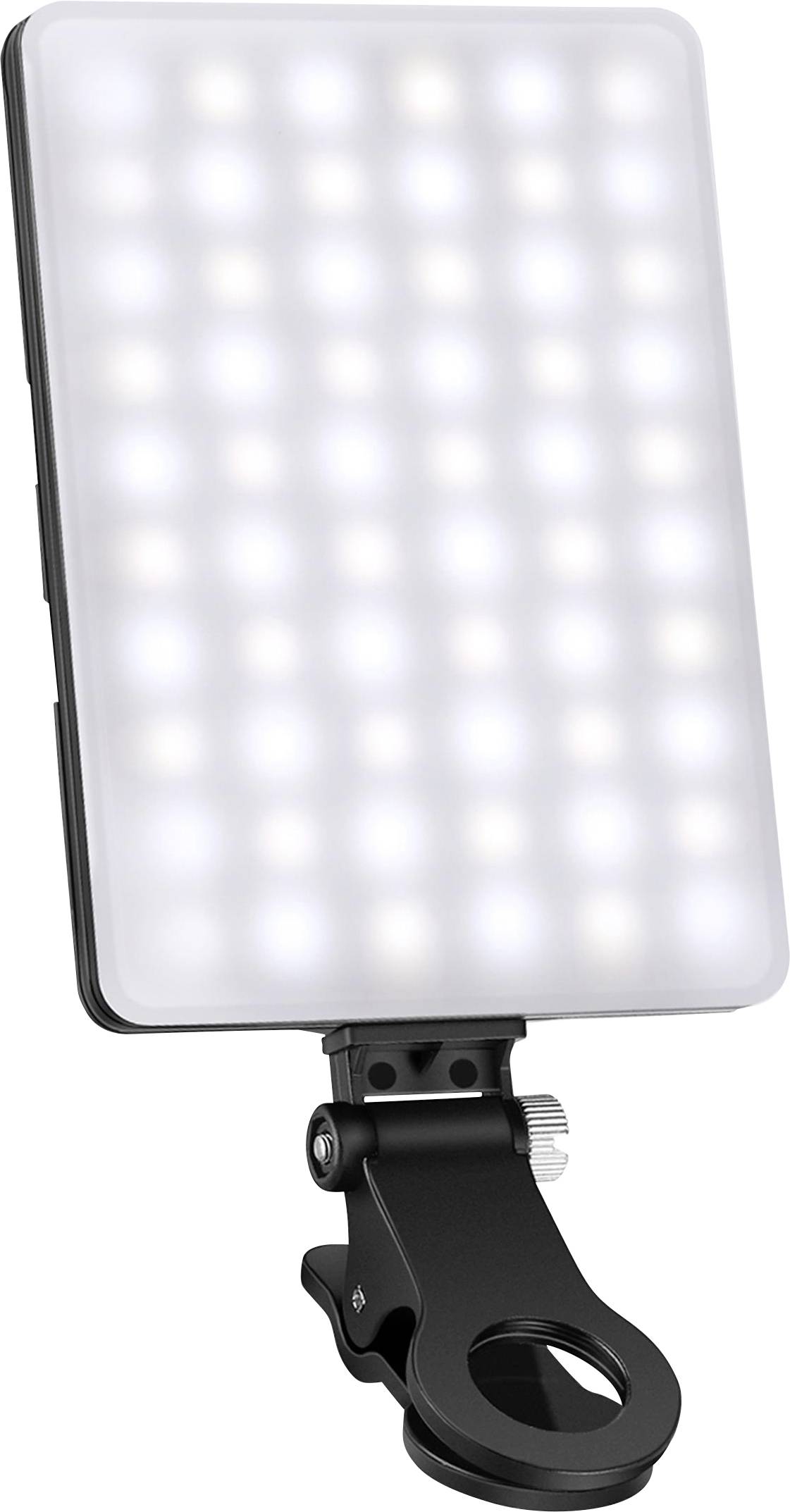 Draagbare LED-lamp met rechthoekig ontwerp en klem voor bevestiging. Gelijkmatig verdeelde verlichting voor foto- of videoverlichting.