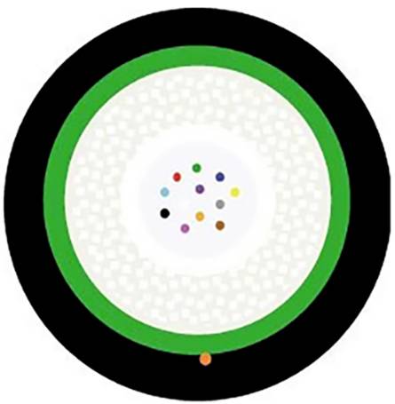 'Zonder titel' van Damien Hirst toont een witte cirkel met kleurrijke stippen, omringd door groene en zwarte ringen, die begrenzing symboliseren.
