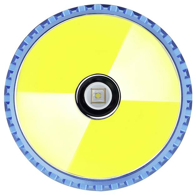 Gele LED-lamp van bovenaf gezien, cirkelvormig met een blauwe rand, centraal verlichtingselement in het midden.