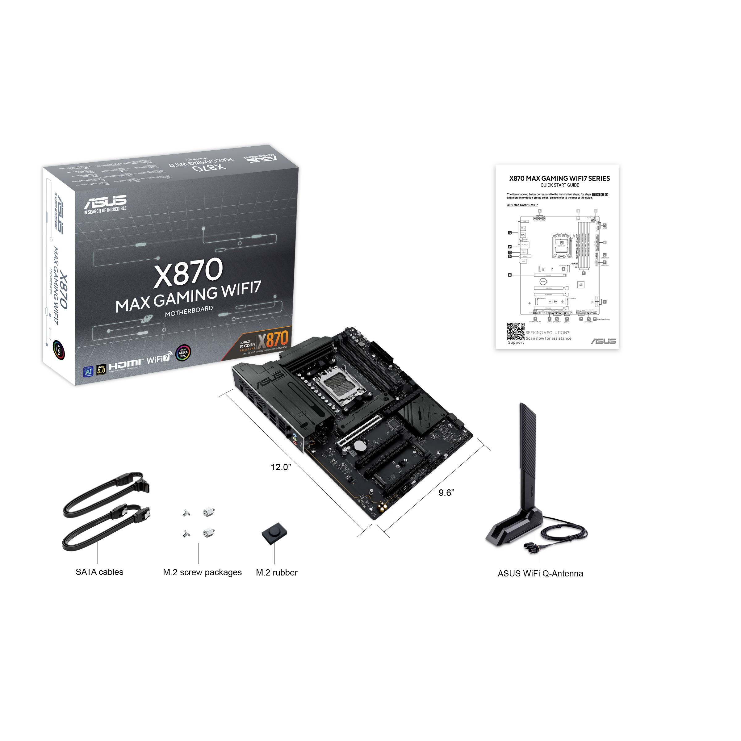 De afbeelding toont een ASUS X870 moederbord-set bestaande uit een moederbord, een verpakking, een WLAN-antenne en SATA-kabels.