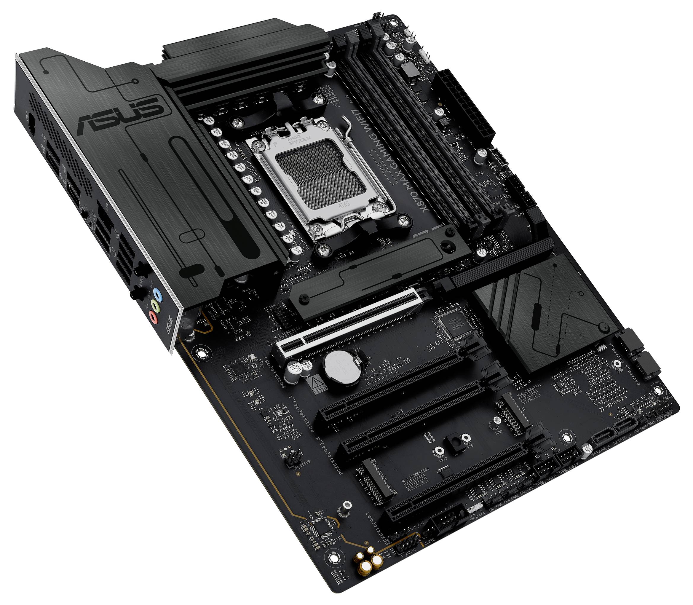 Een zwart moederbord met meerdere uitbreidingssleuven en een grote CPU-socket. Linksboven is het 'ASUS'-logo zichtbaar.