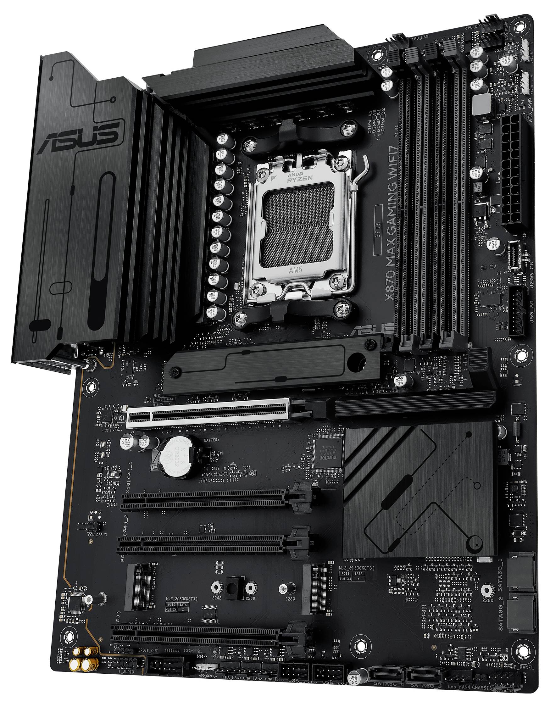 Moederbord met meerdere uitbreidingssleuven, inclusief CPU-socket en RAM-slots; geschikt voor high-performance pc-builds.