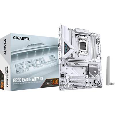 Grafiek toont het GIGABYTE B650 EAGLE WIFI7 moederbord en zijn verpakking. Bevat een socket voor AMD Ryzen processors.