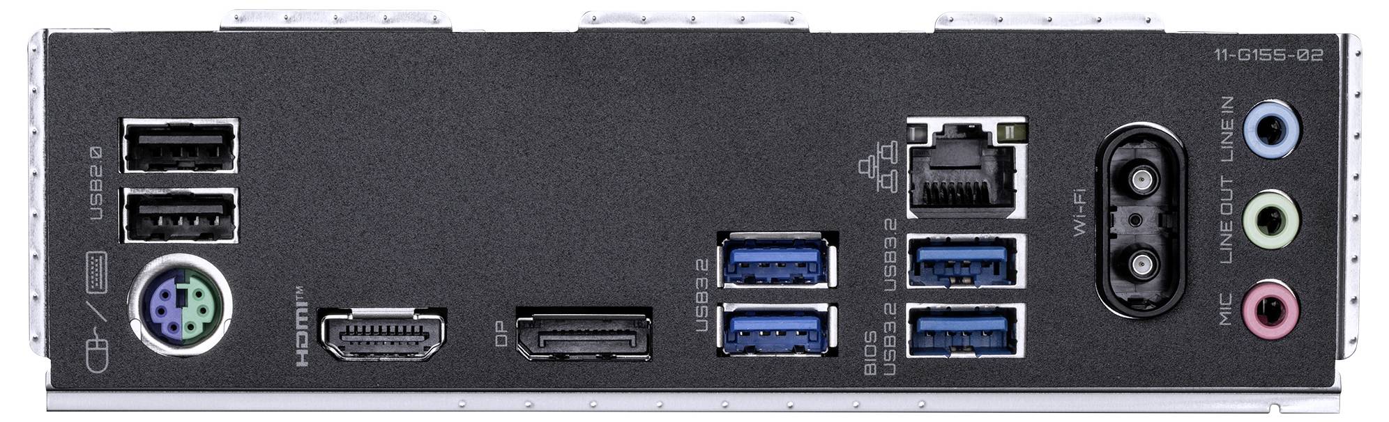 Achterkant van een computermoederbord met USB-poorten, PS/2, HDMI, DisplayPort, Ethernet, audio-in- en uitgangen.
