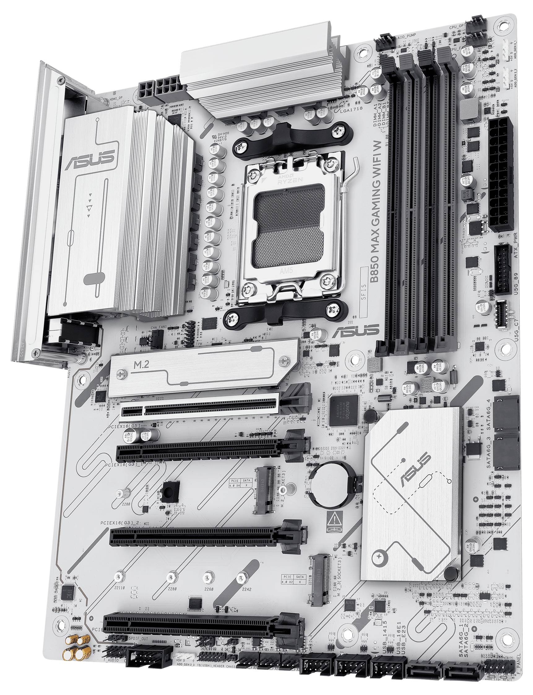 Een zilverkleurige computermoederbord met meerdere uitbreidingssleuven en aansluitingen, geschikt voor high-performance gaming-pc's.