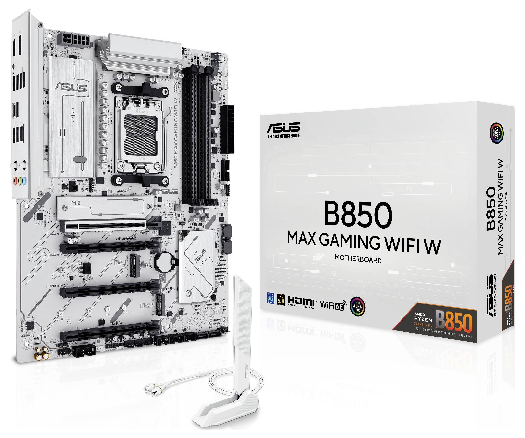 Moederbord met de aanduiding 'B850 Max Gaming WiFi W', naast de bijbehorende productverpakking. Bevat antennes voor WiFi.