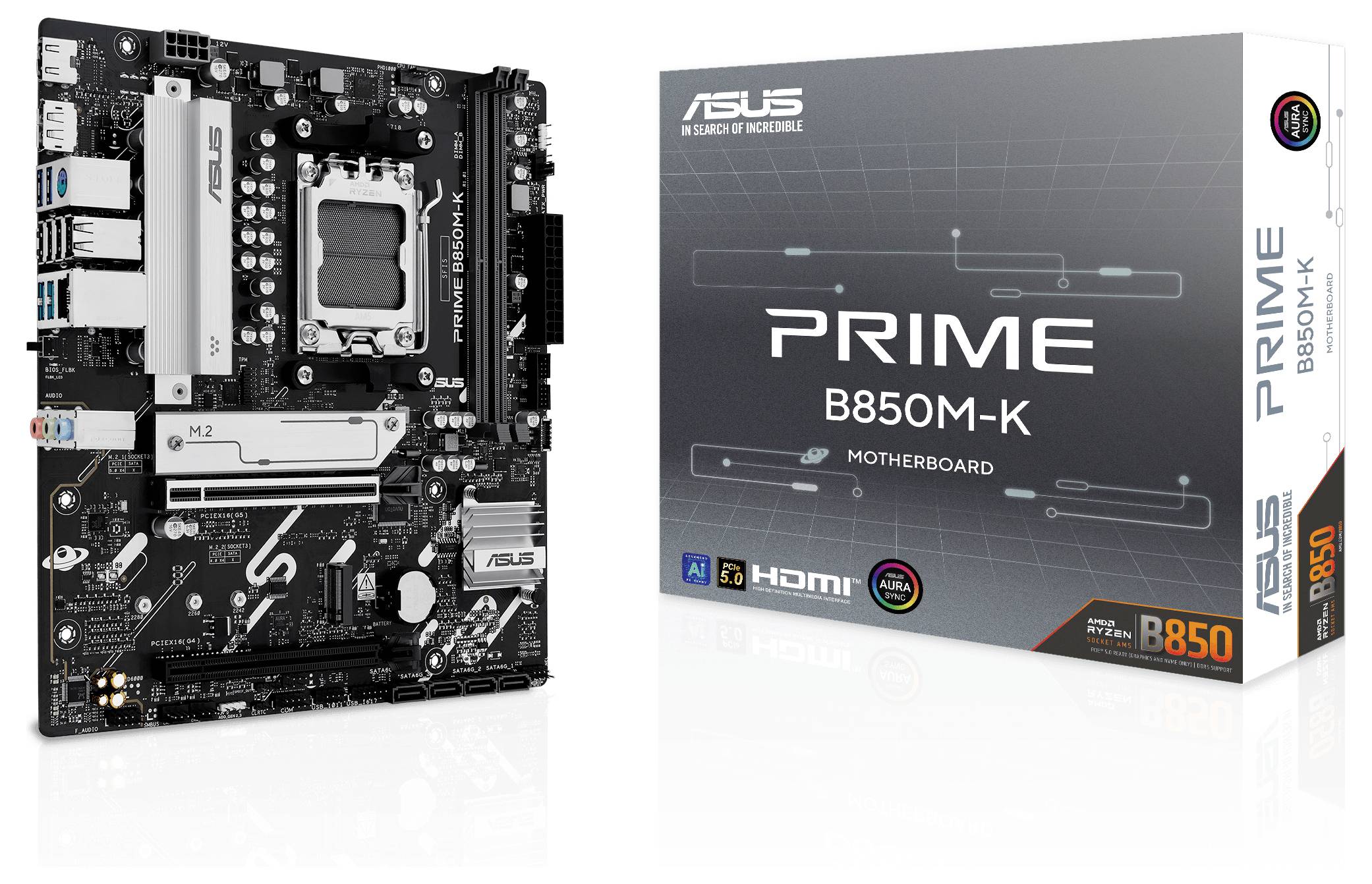 Een ASUS Prime B850M-K moederbord naast de verpakking. Het moederbord toont verschillende aansluitingen en uitbreidingssleuven.