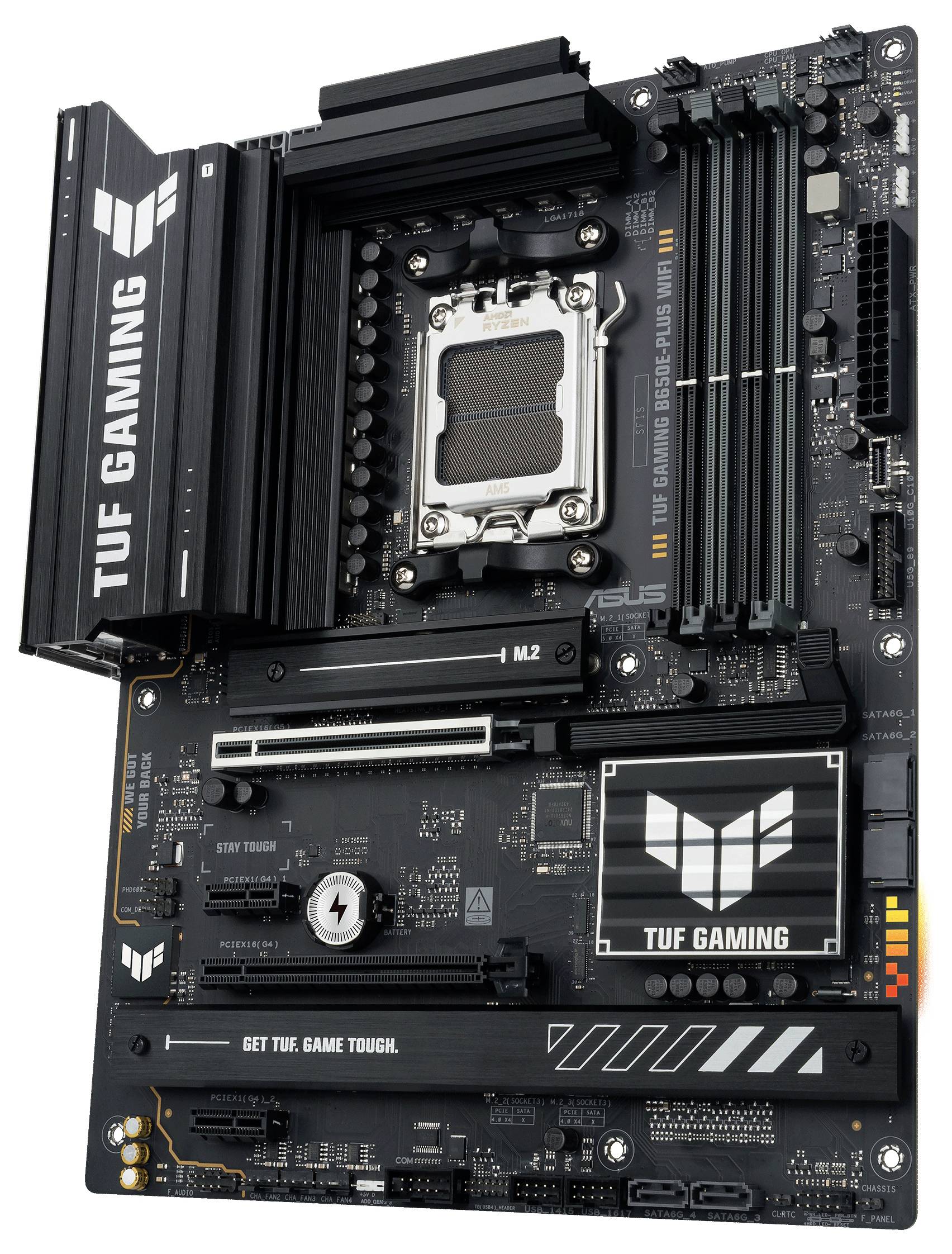 Computermoederbord van het merk TUF Gaming met meerdere uitbreidingssleuven en een opvallend design.
