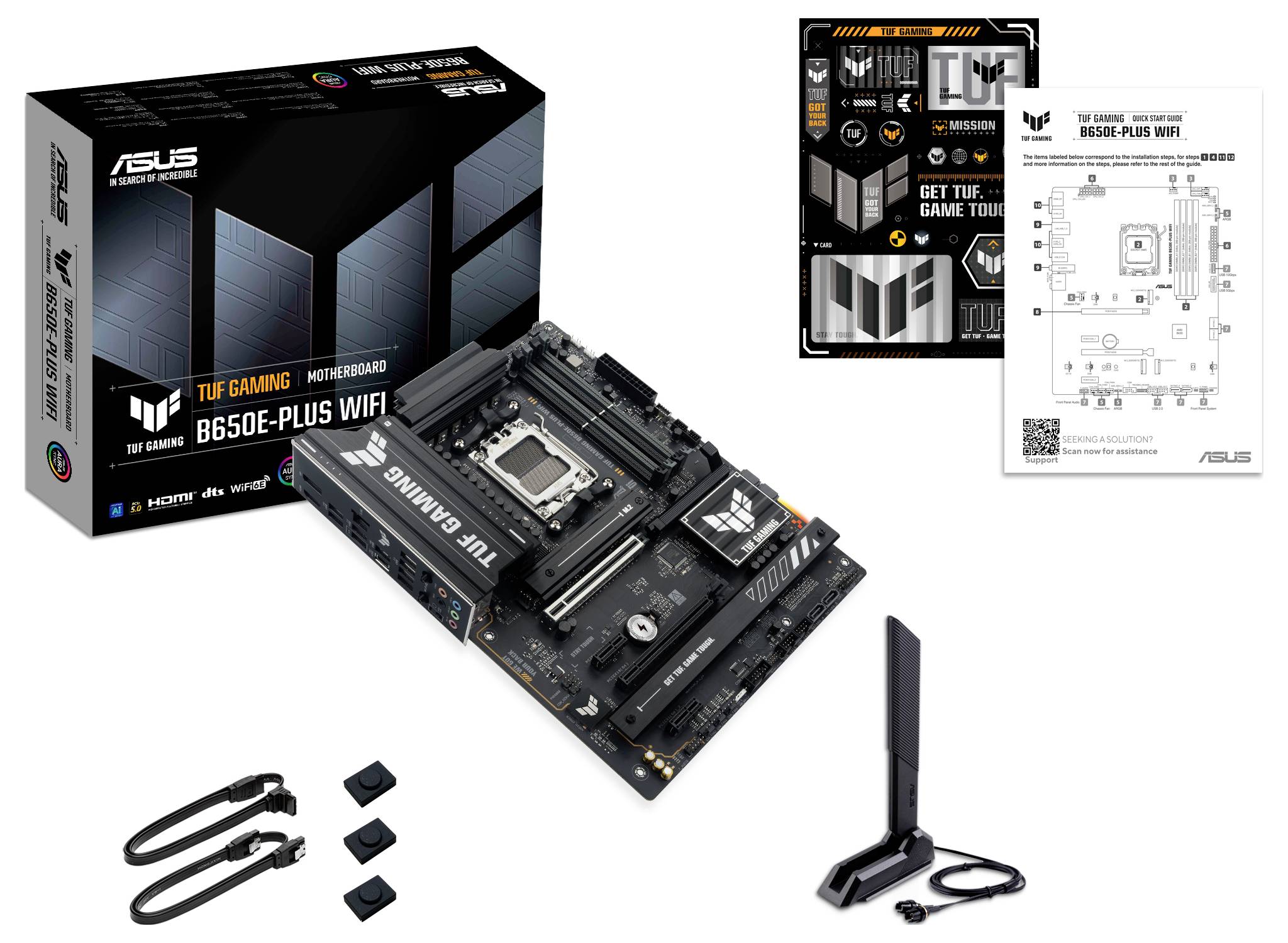 ASUS TUF Gaming B650E-Plus WiFi Moederbord, afgebeeld met verpakking, kabels, antenne en gebruikershandleiding.