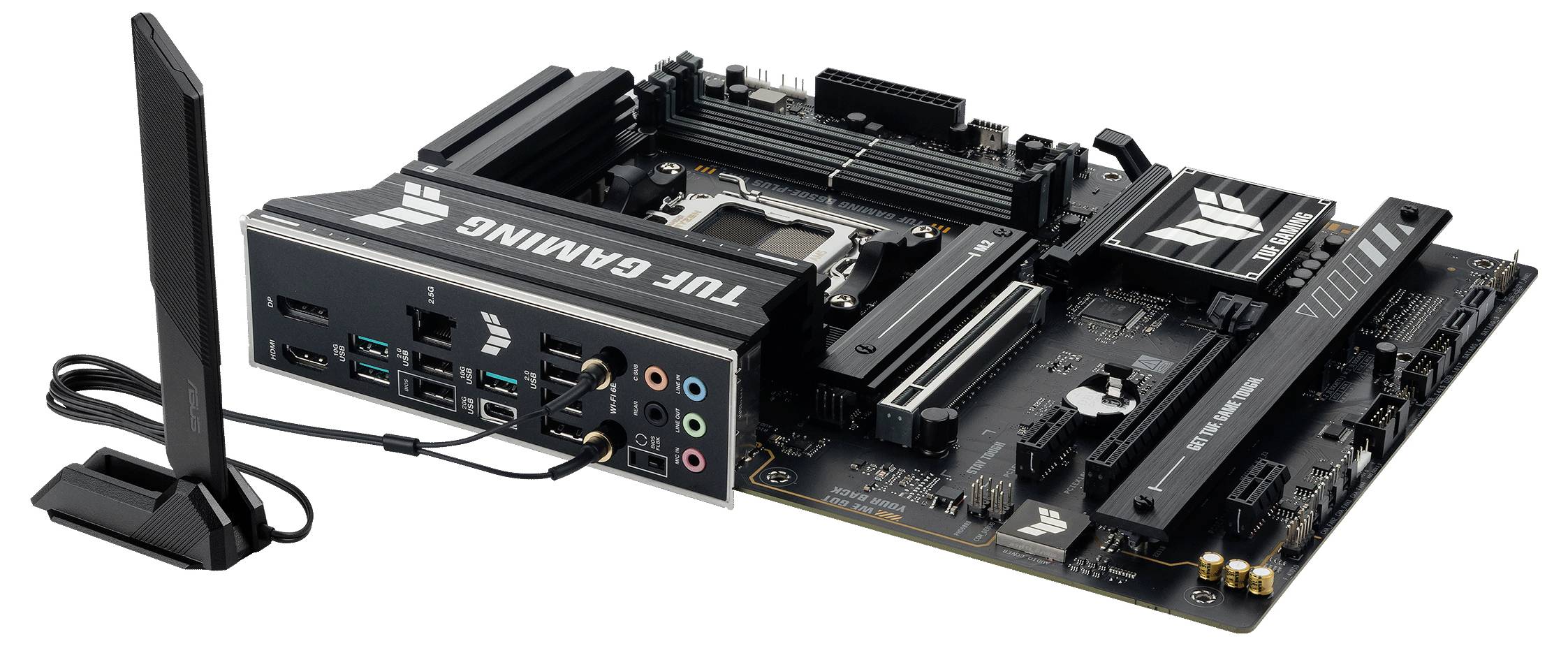 'Moederbord met TUF Gaming-opschrift, talrijke aansluitingen en een zwart antennemodule; speciaal geoptimaliseerd voor gaming.'
