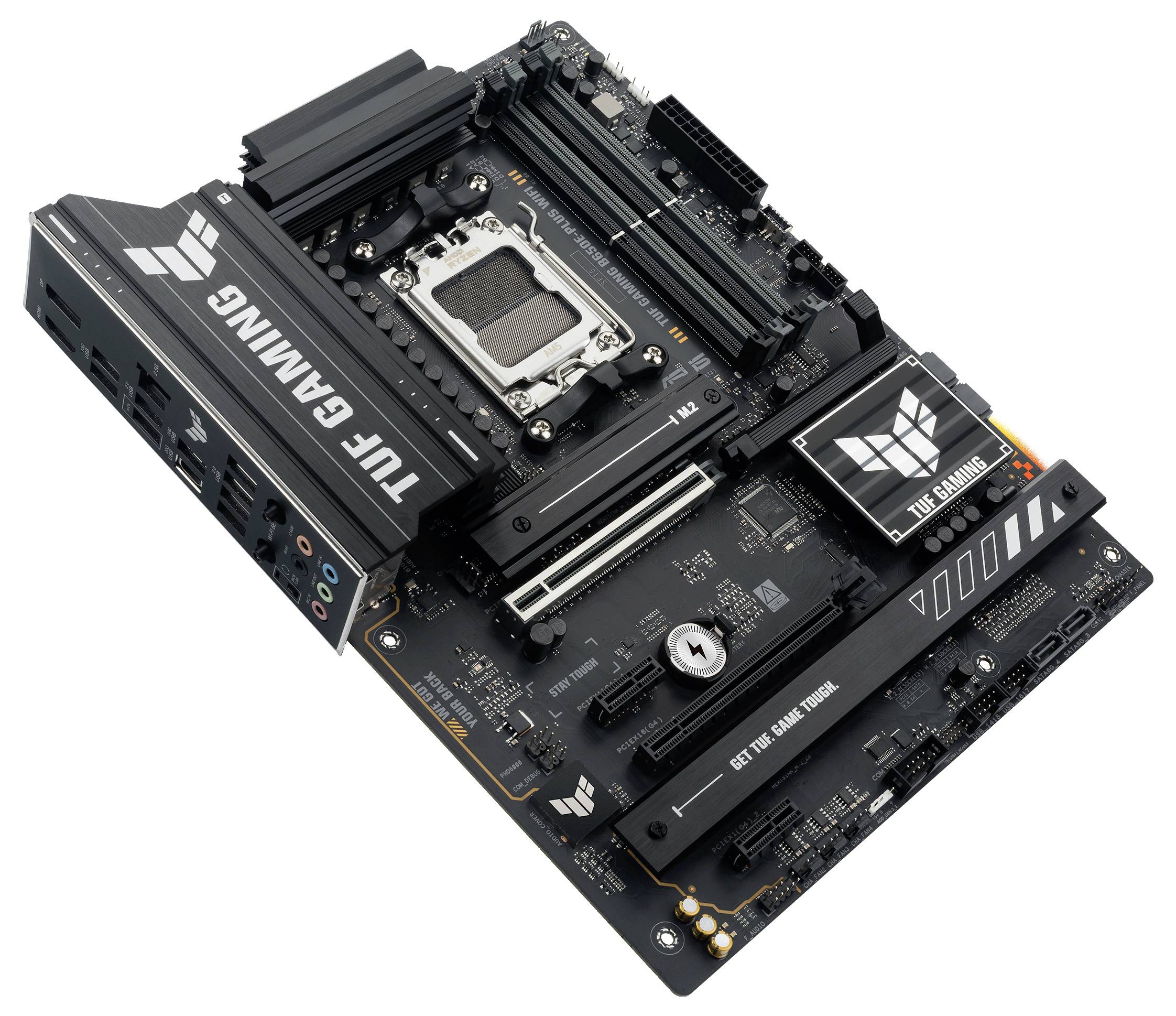 Moederbord met TUF Gaming-branding, toont processorslot, PCIe-sleuven en RAM-sleuven; belangrijk voor pc-assemblage.