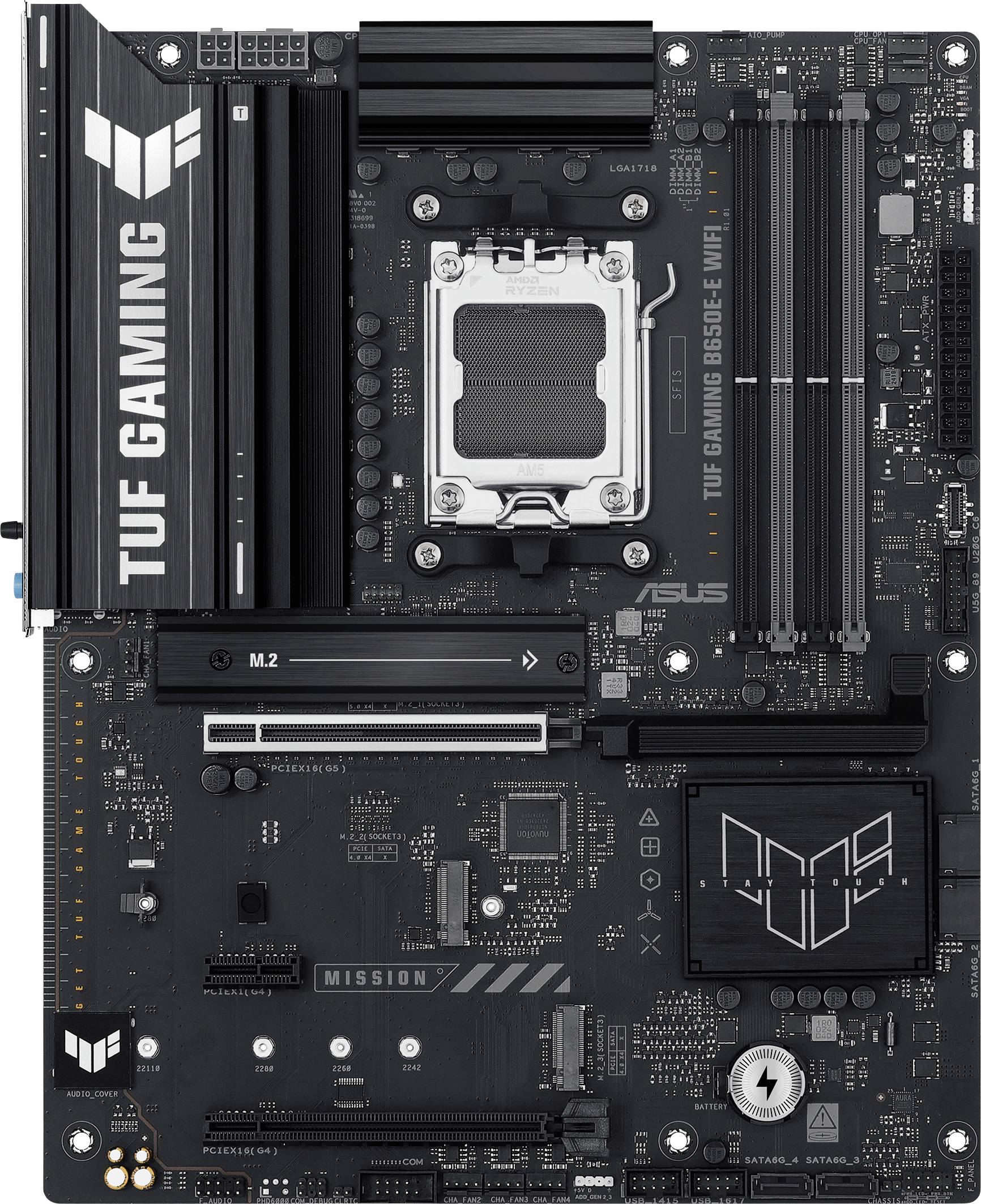 'Moederbord TUF Gaming Z690-Plus WiFi met PCIe-sleuven, RAM-sleuven en CPU-socket, geschikt voor krachtige gaming-pc's.'