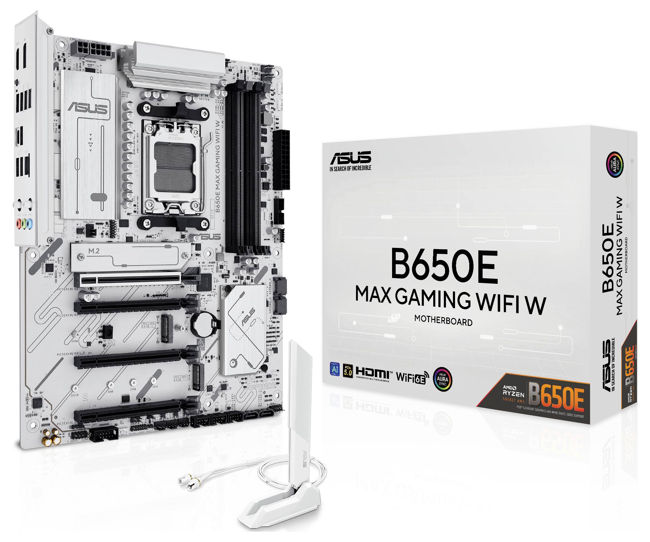 Moederbord-model 'ASUS B650E Max Gaming WIFI W' naast de verpakking. Bevat verschillende aansluitingen en WiFi-antenne. Ontworpen voor gaming.