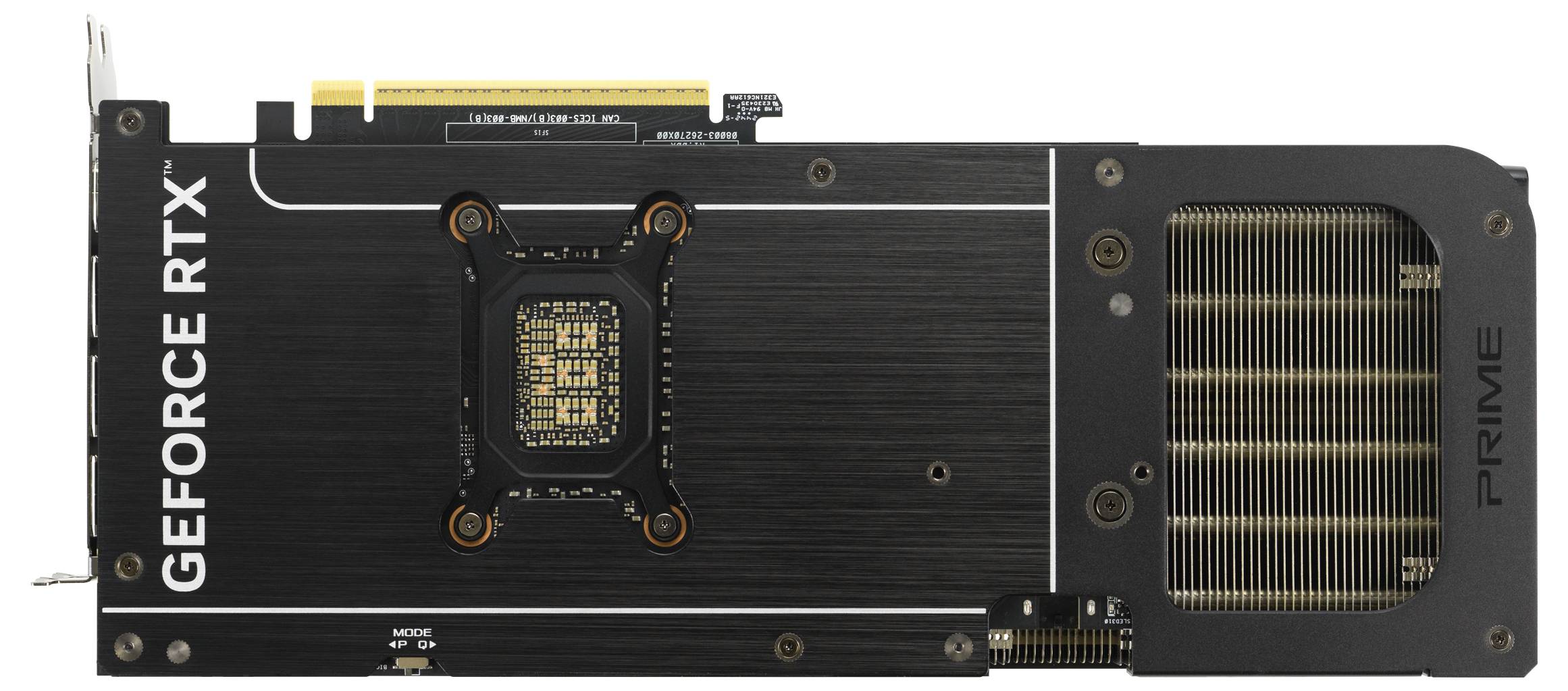 De achterkant van een zwarte videokaart met de tekst 'GEFORCE RTX'. Zichtbare koelvinnen aan de rechterkant.