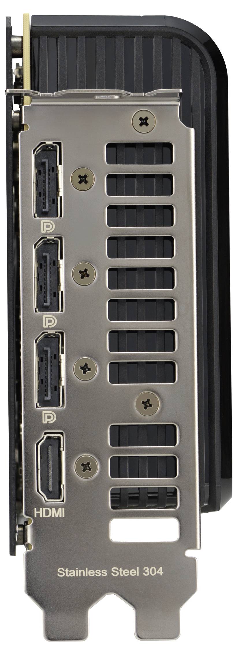Een grafische kaart met vier DisplayPorts en een HDMI-aansluiting. Vervaardigd uit roestvrij staal 304.