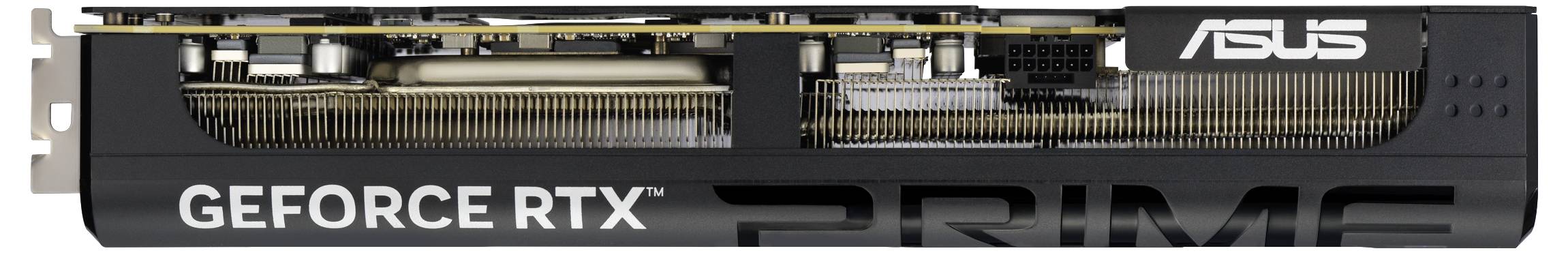 'ASUS GeForce RTX PRIME'-videokaart, horizontale weergave, toont koelribben en structuur.