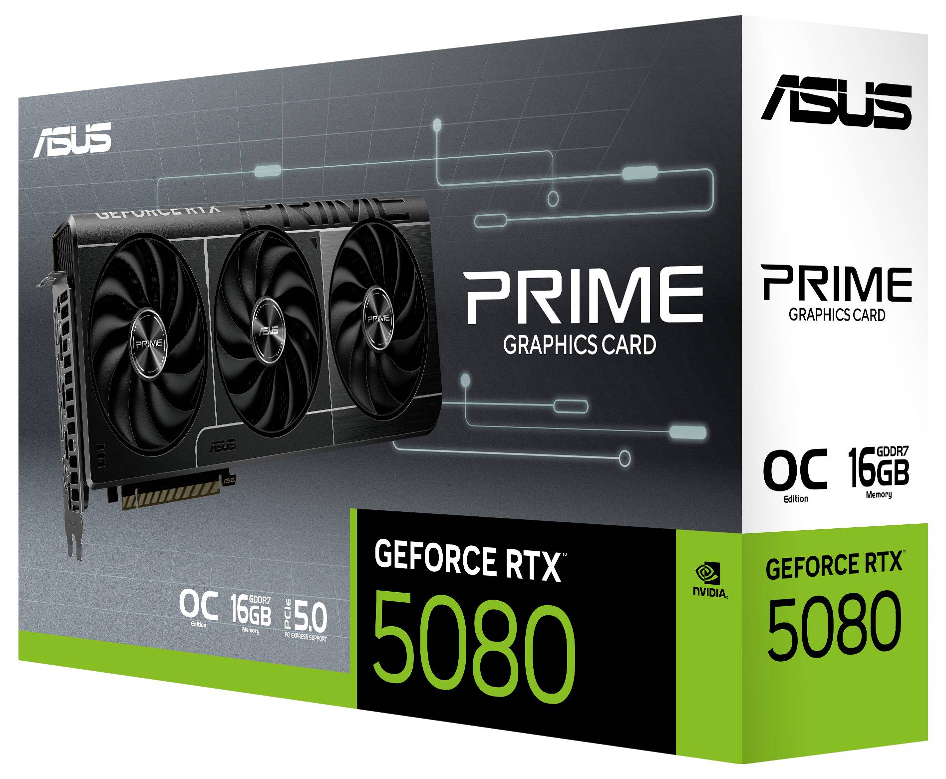 Verpakking van de ASUS GeForce RTX 5080 grafische kaart. Details: 16GB GDDR6X, OC Edition, PRIME serie. Afbeelding toont kartonontwerp en logo's.