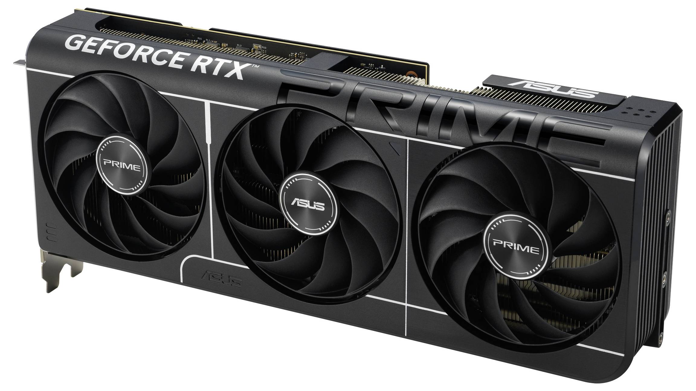 Zwarte videokaart met drie ventilatoren en de opschriften 'GEFORCE RTX' en 'PRIME'. Merk 'ASUS' zichtbaar.