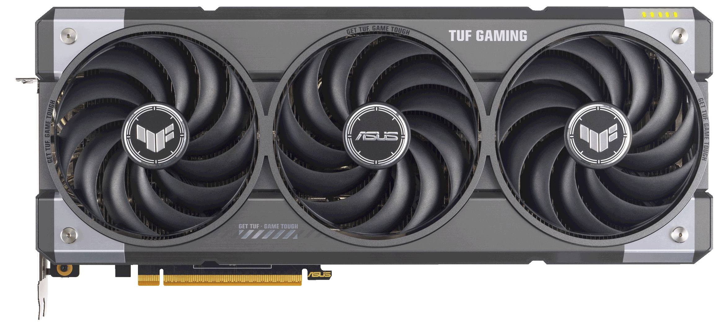 Videokaart met drie ventilatoren, merknaam 'TUF Gaming' zichtbaar, voornamelijk zwart met grijze accenten.