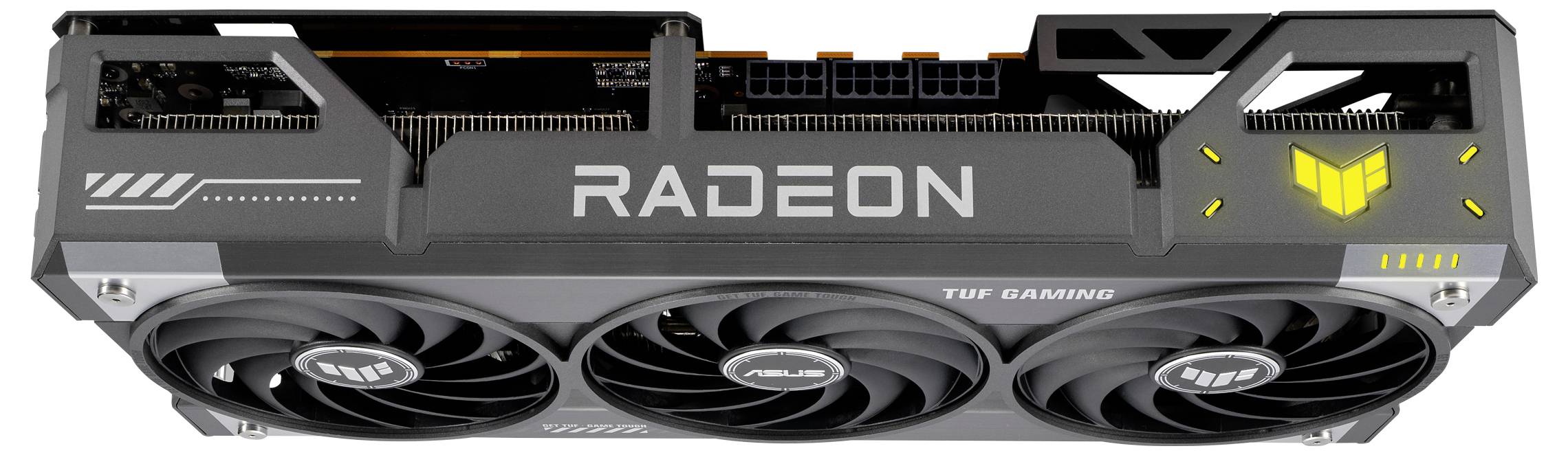 Drievoudige ventilator-videokaart met het opschrift 'RADEON' en 'TUF GAMING', zwart-grijs ontwerp met een oplichtend geel logo.