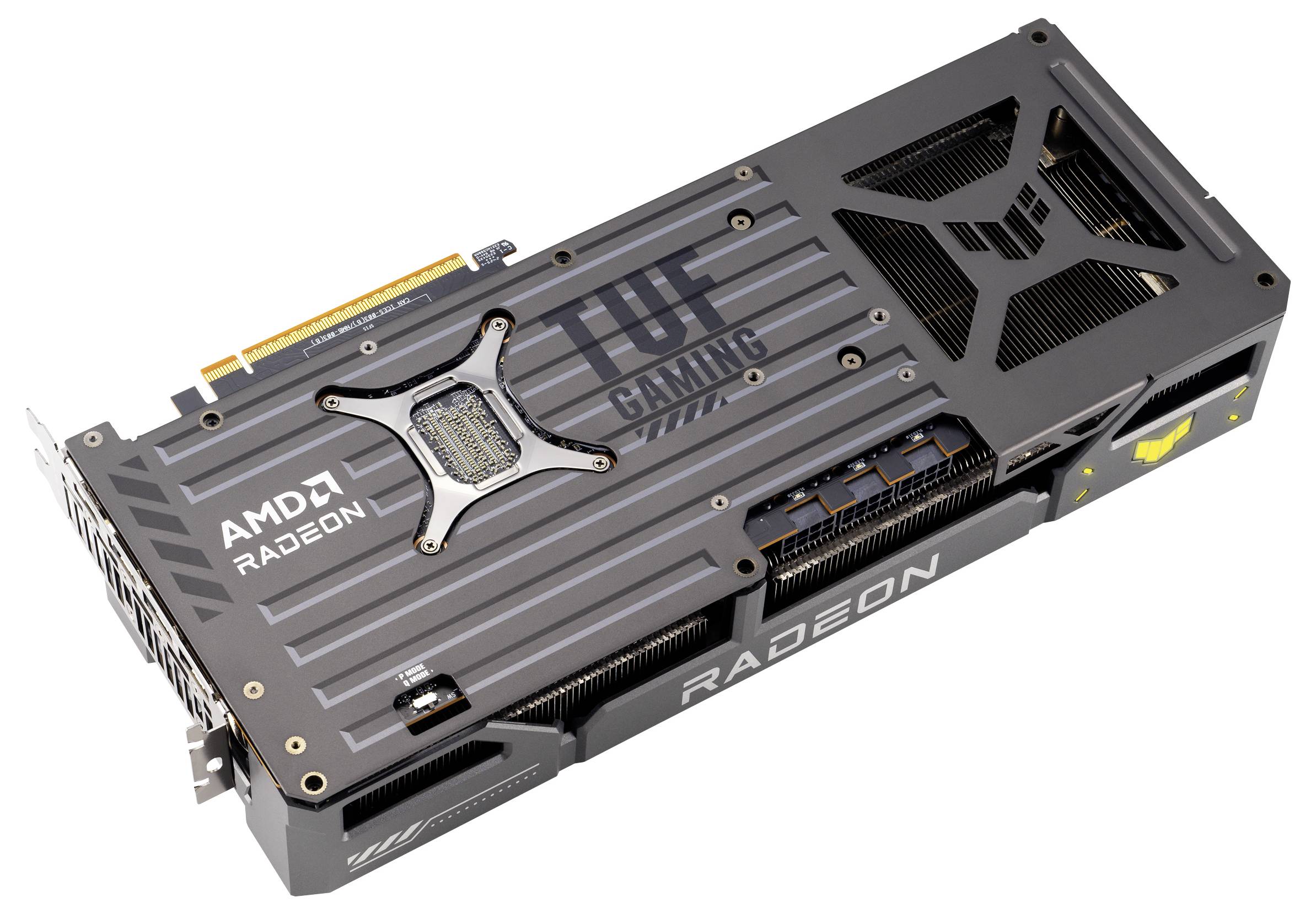 Videokaart 'AMD Radeon TUF Gaming' met opvallende grijze koelbehuizing en meerdere ventilatiesleuven, geschikt voor krachtige computers.