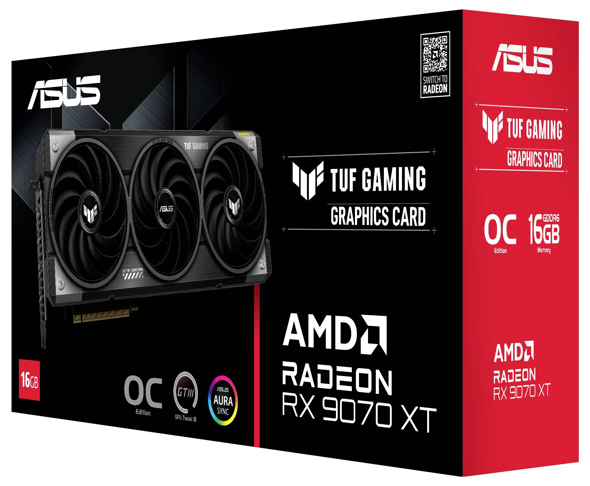 'ASUS TUF Gaming Videokaart, AMD Radeon RX 9070 XT, OC Edition, 16 GB geheugen, verpakking met afbeelding van de kaart.'