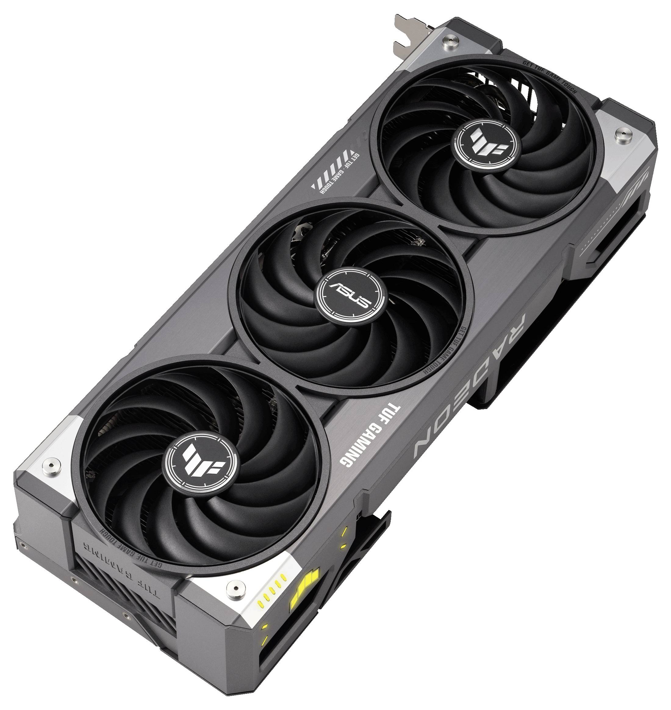 Een zwarte grafische kaart met drie grote ventilatoren en het opschrift 'Radeon' aan de zijkant. Hij heeft een robuust, metalen ontwerp.