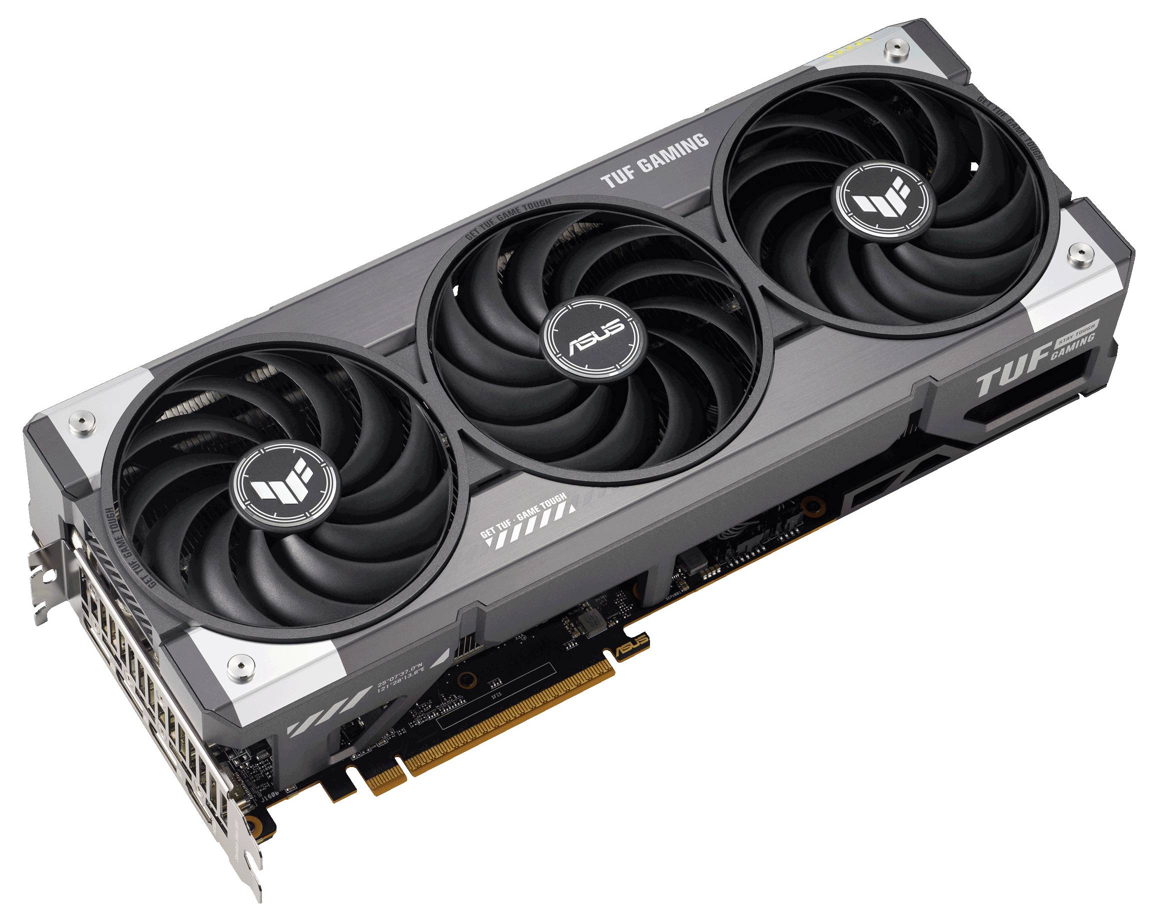 'Zwarte ASUS TUF Gaming-videokaart met drie ventilatoren, PCIe-sleuf en zichtbare merkenlogo's, geschikt voor krachtig gamen.'