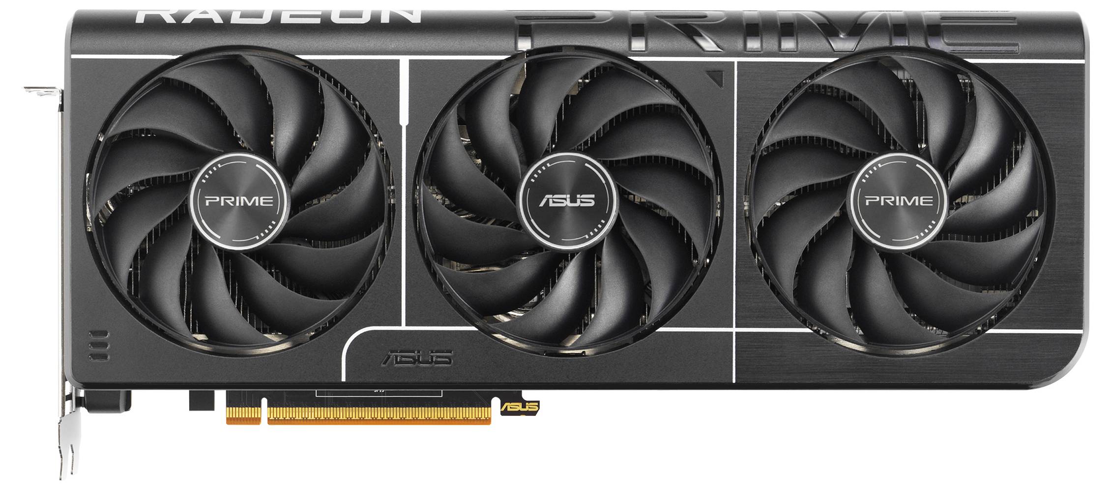 Drievoudige ventilator grafische kaart van ASUS, model 'Radeon Prime'. Zwart design met witte accenten, geschikt voor krachtige pc's.