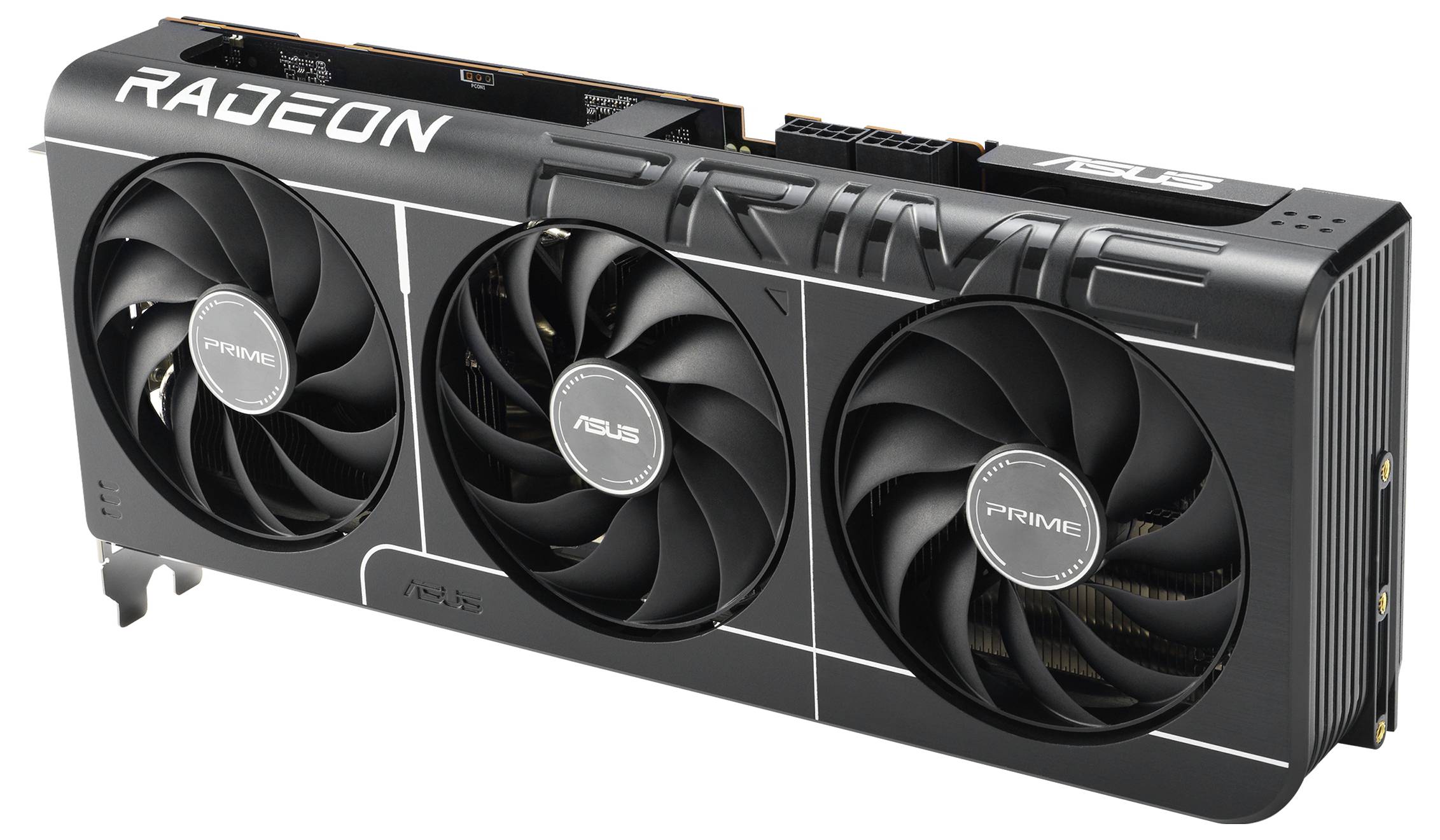 Videokaart met drie ventilatoren, zwarte behuizing en de opschriften 'Radeon' en 'PRIME'.