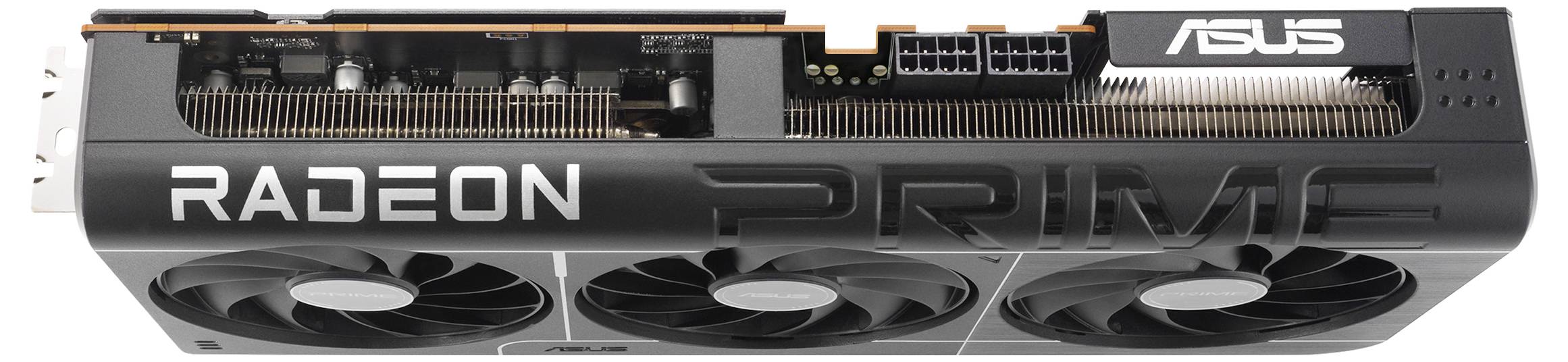 ASUS videokaart met drie ventilatoren, opschrift 'RADEON PRIME', toont aansluitstekkers en koelribben voor optimale prestaties.