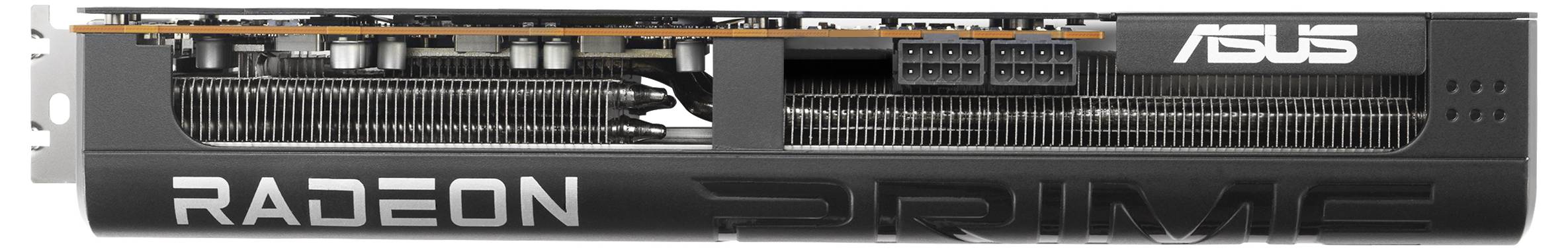 Grafische kaart ASUS Radeon Prime, zijaanzicht. De ventilatoren en aansluitingen zijn zichtbaar.