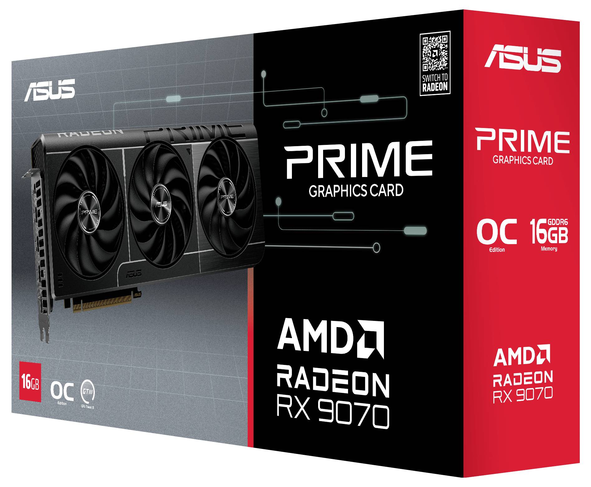 AMD Radeon RX 9070 grafische kaart verpakking met ASUS-branding. Bevat 16 GB geheugen en OC-editie. Productafbeelding en technische specificaties zichtbaar.