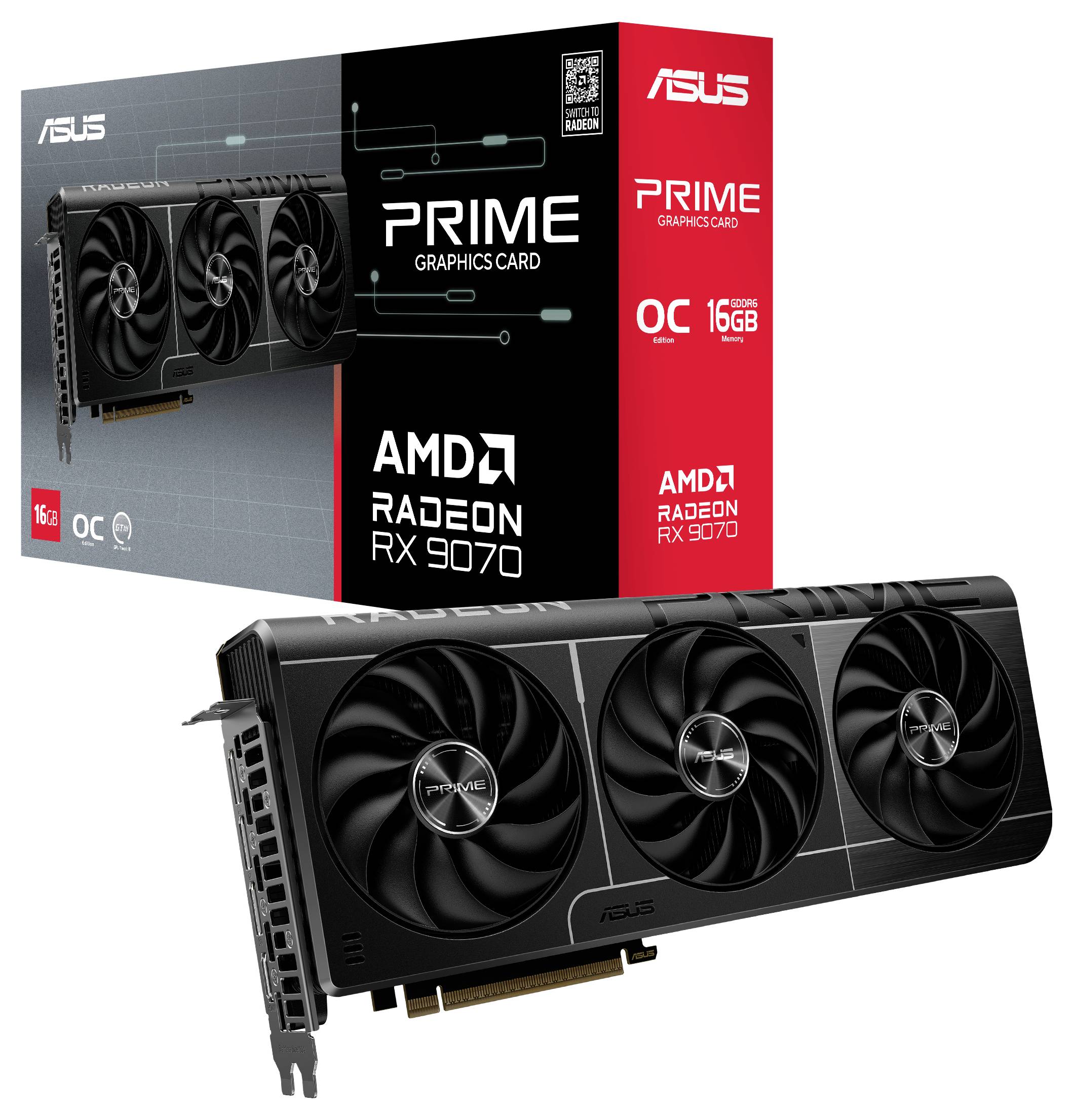 Een ASUS Prime videokaart met drie ventilatoren. Afgebeeld is het model 'AMD Radeon RX 9070' met 16 GB en overclock-functie.