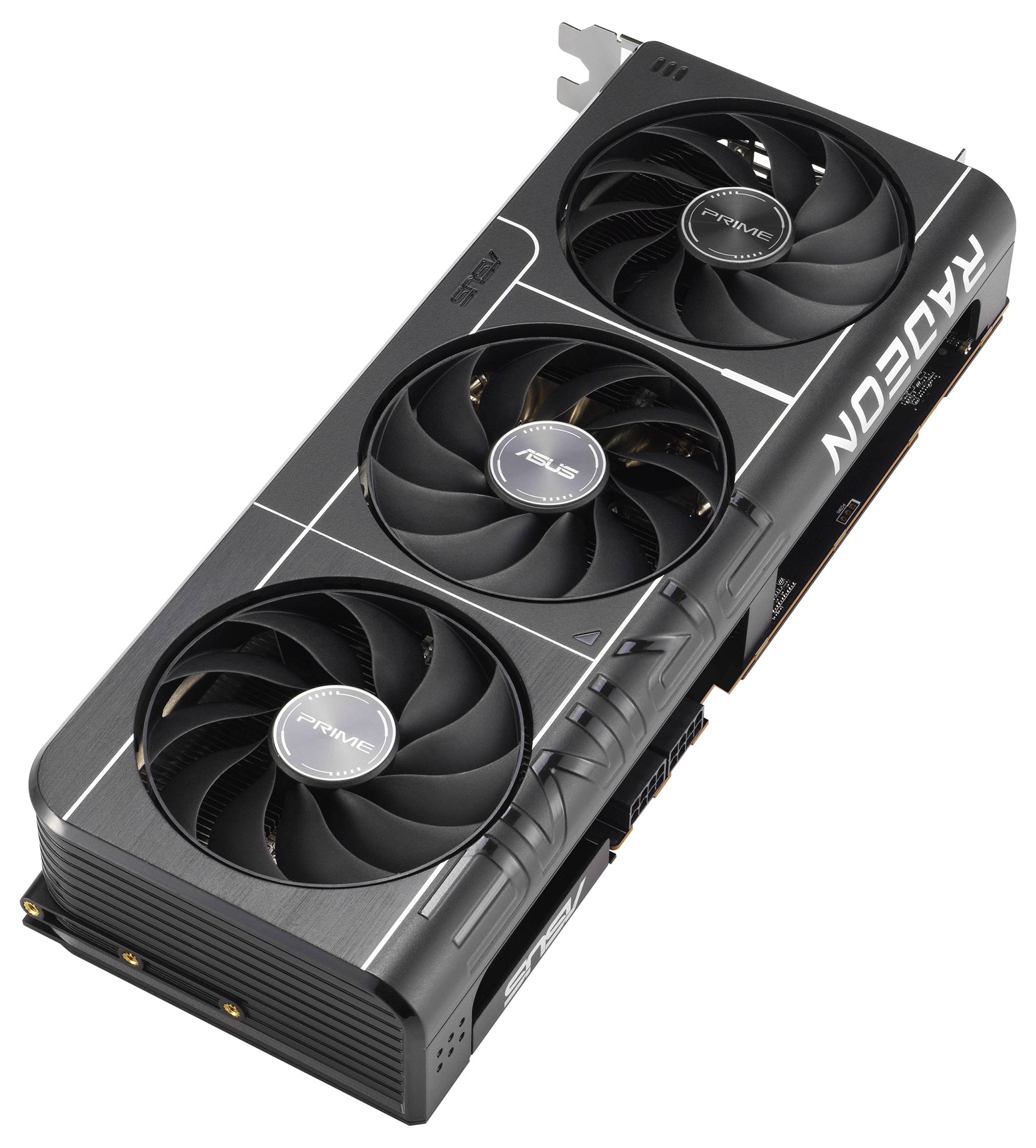 Een zwarte videokaart met drie ventilatoren, waarop het opschrift 'RADEON' te zien is.