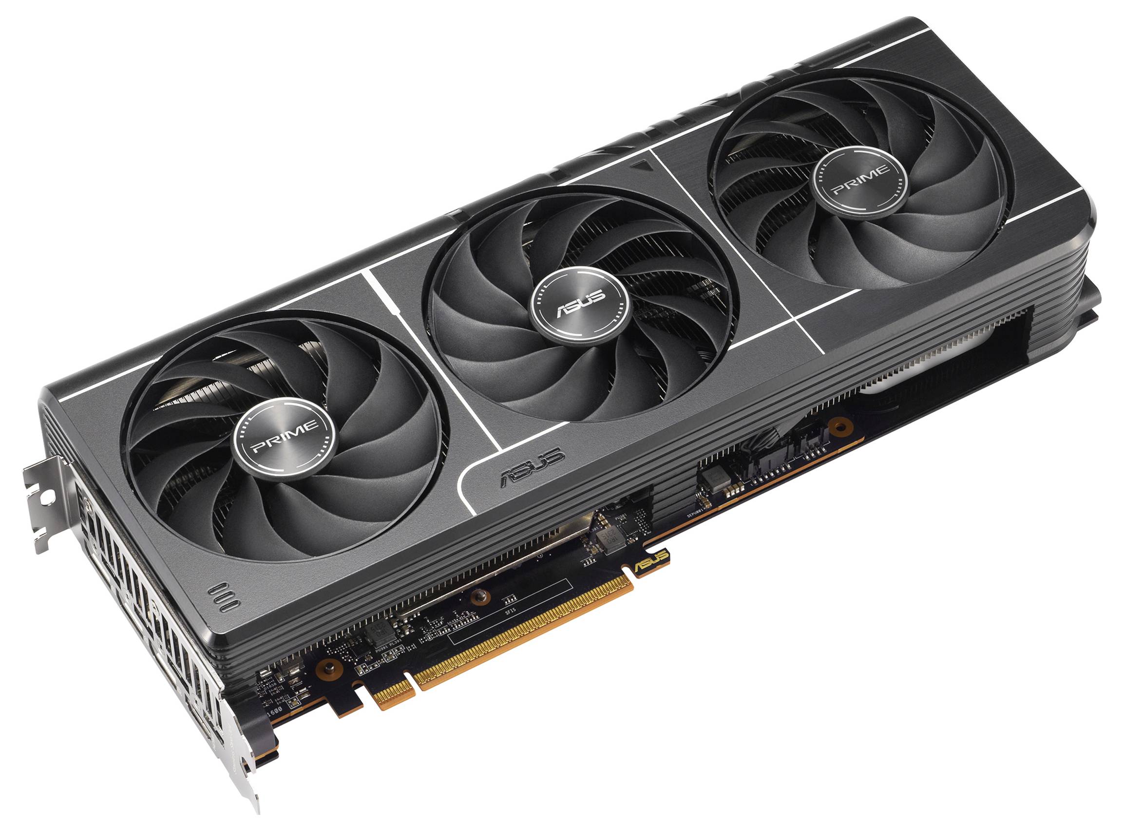 Een zwarte videokaart met drie grote ventilatoren van Asus, model 'Prime'.