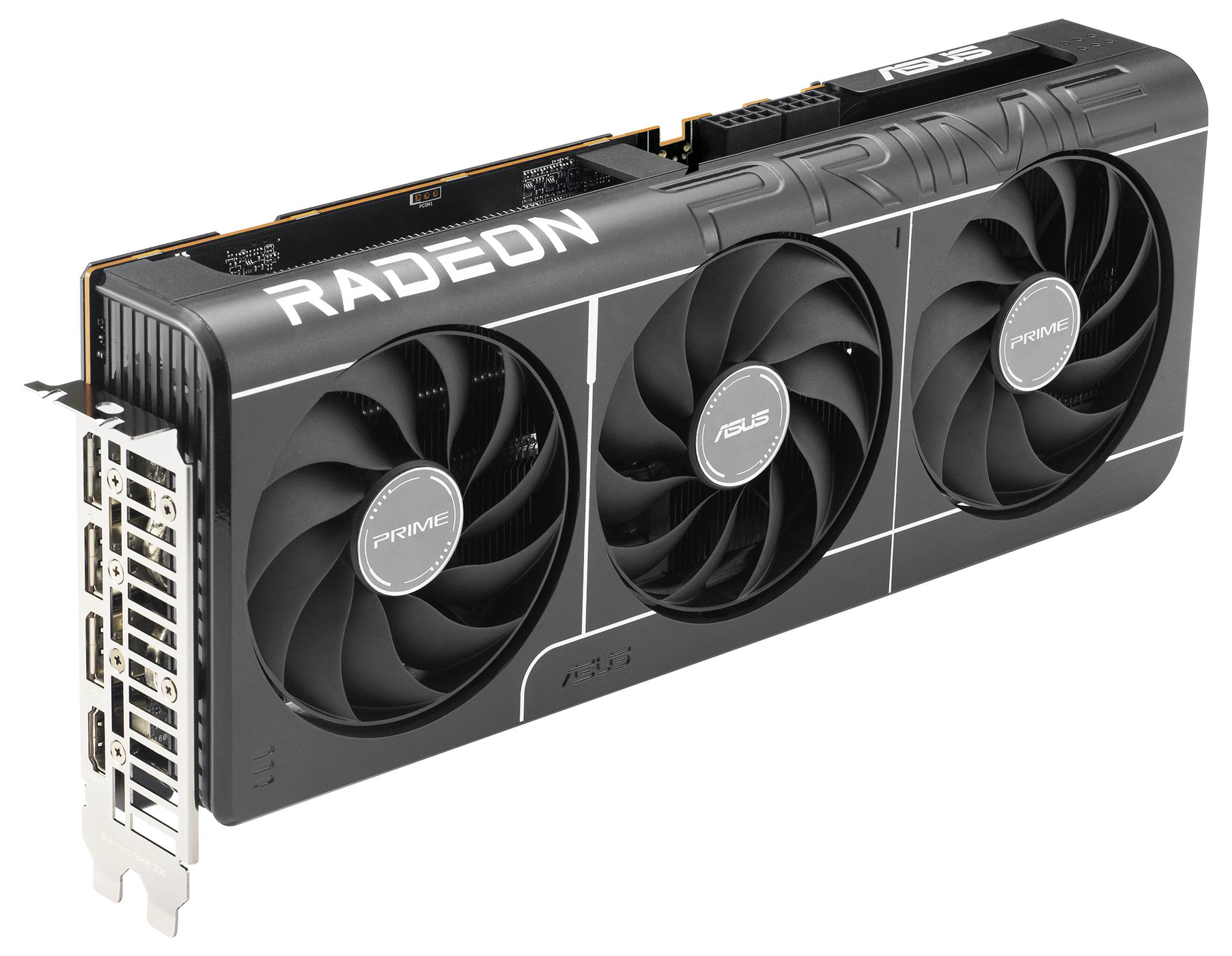 Videokaart met drie ventilatoren, voorzien van de opschriften 'RADEON' en 'PRIME'. Aan de linkerkant zijn verschillende aansluitingen zichtbaar. Model van ASUS.