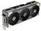 Een zwarte videokaart van het merk ASUS, model 'GeForce RTX TUF Gaming', met drie ventilatoren en meerdere poorten.