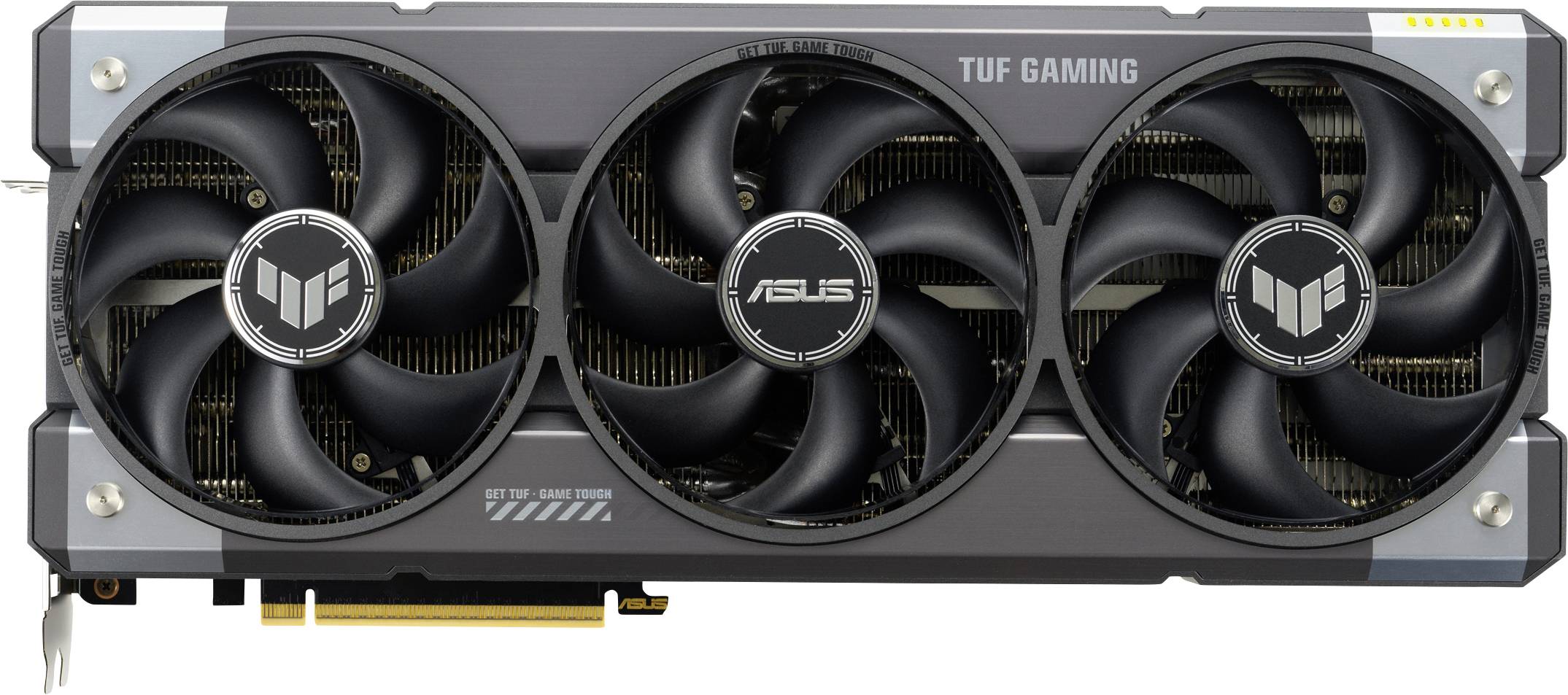 Een ASUS TUF Gaming-videokaart met drie koelventilators. Hij is ontworpen voor krachtig gamen en hoge grafische prestaties.