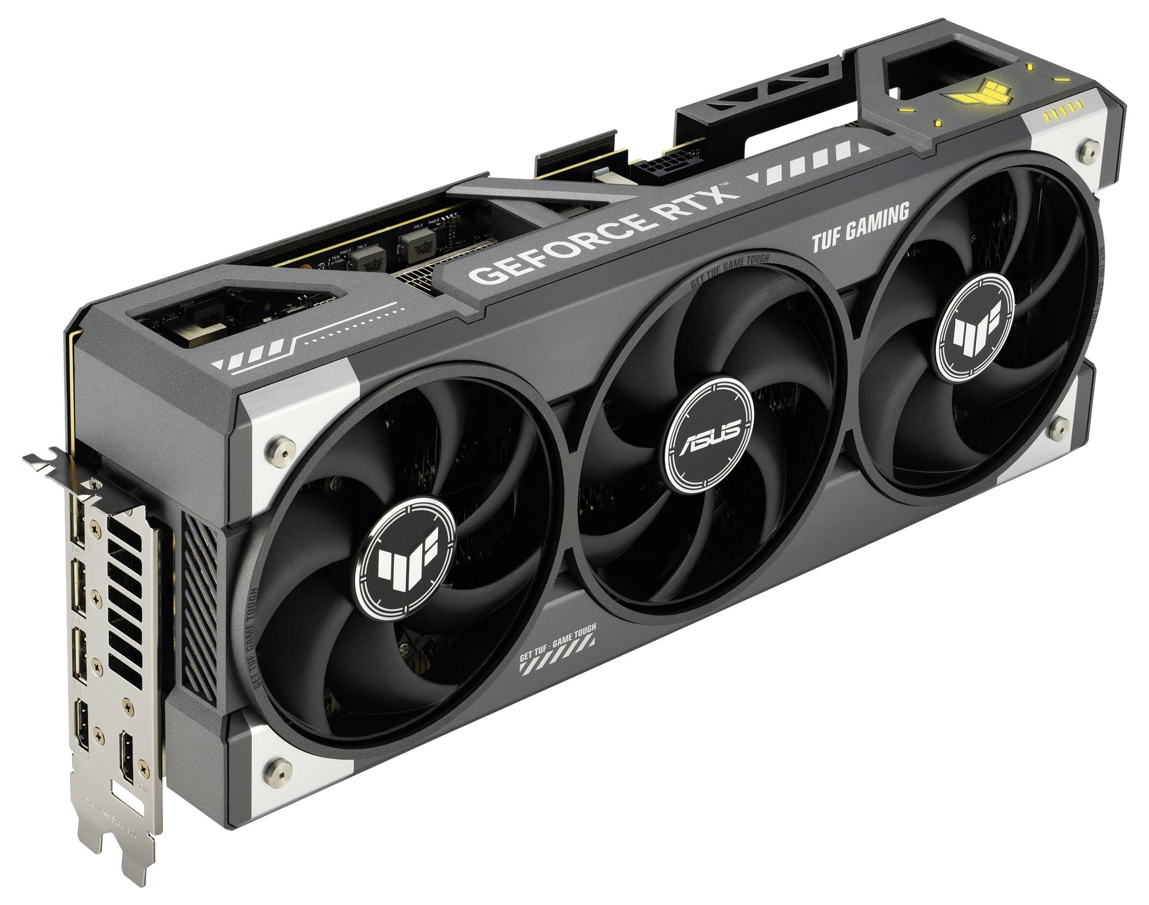 Een 'GeForce RTX TUF Gaming' videokaart met drie ventilatoren, zwarte behuizing, zichtbare aansluitingen aan de linkerkant.