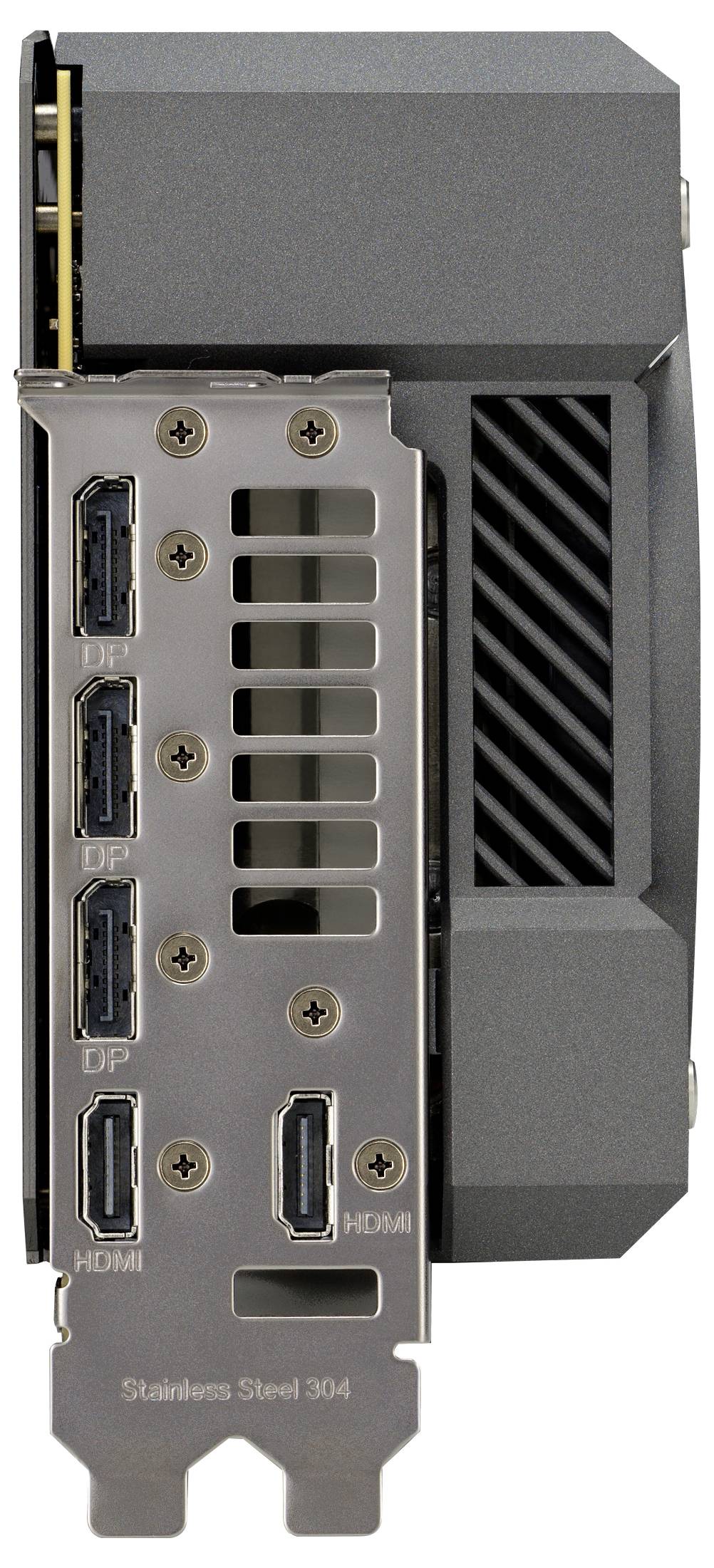 Achterkant van een videokaart met vijf aansluitingen: drie DisplayPort en twee HDMI-poorten. Behuizing van roestvrij staal.