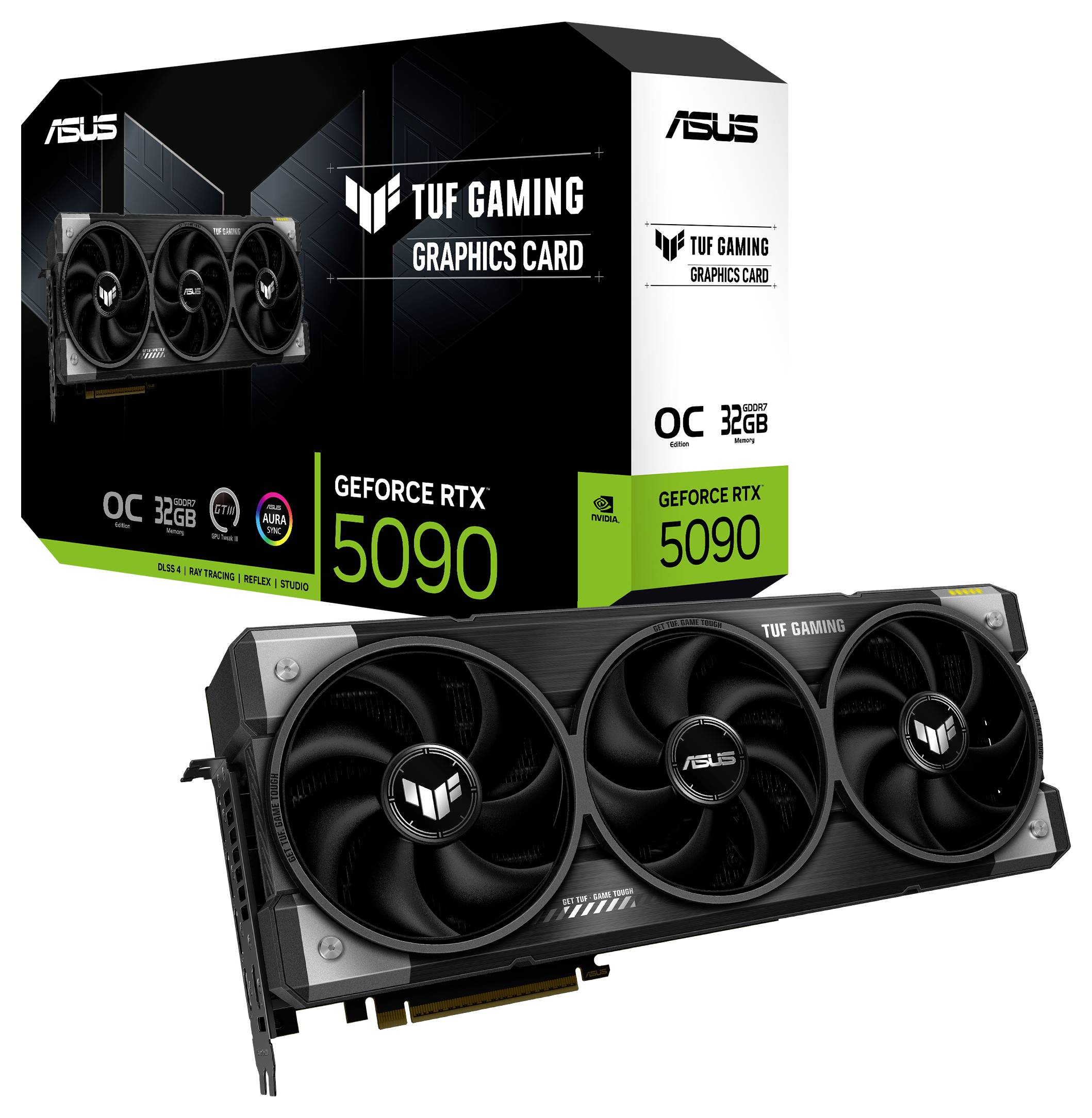 Videokaart ASUS TUF Gaming GeForce RTX 5090 met 32GB geheugen. Verpakking op de achtergrond toont het productontwerp en merkenlogo's.