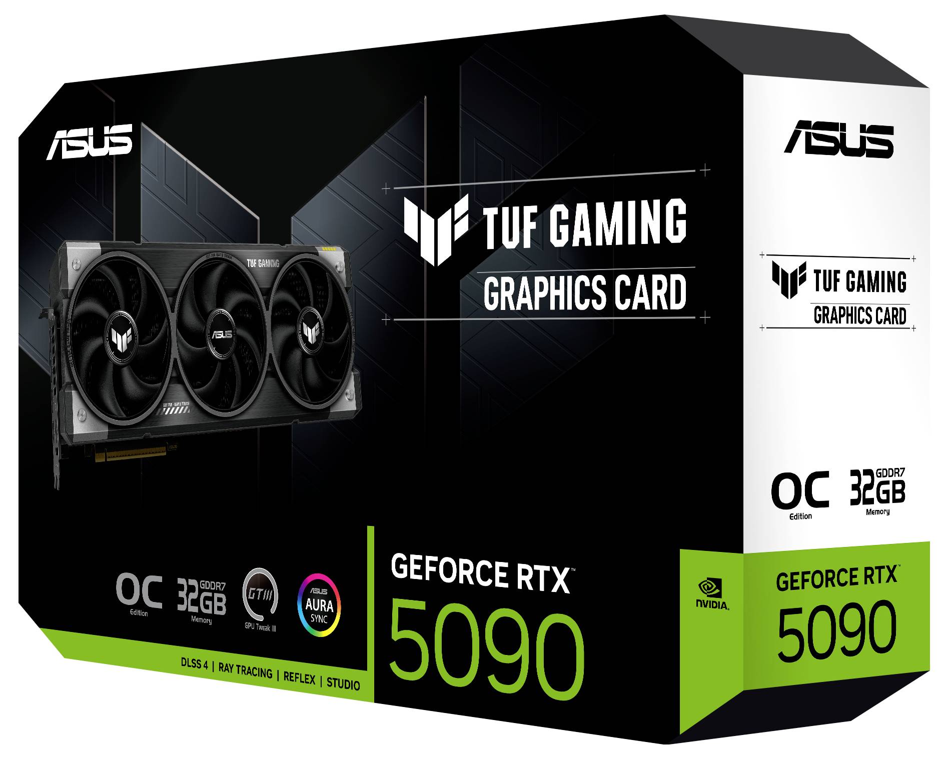 Een grafische kaart van het merk ASUS TUF Gaming GeForce RTX 5090 in de verpakking. Ondersteunt 32 GB geheugen en overclock-functionaliteit.